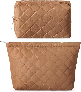 Huhumy 2 Pcs Pencil Case Quilted Makeup Bag Aesthetic Cosmetic Pouch for Women Puffer Travel Toiletry Bag Set Cotton Small Purse Pouch Makeup Organizer with ZipperBrown