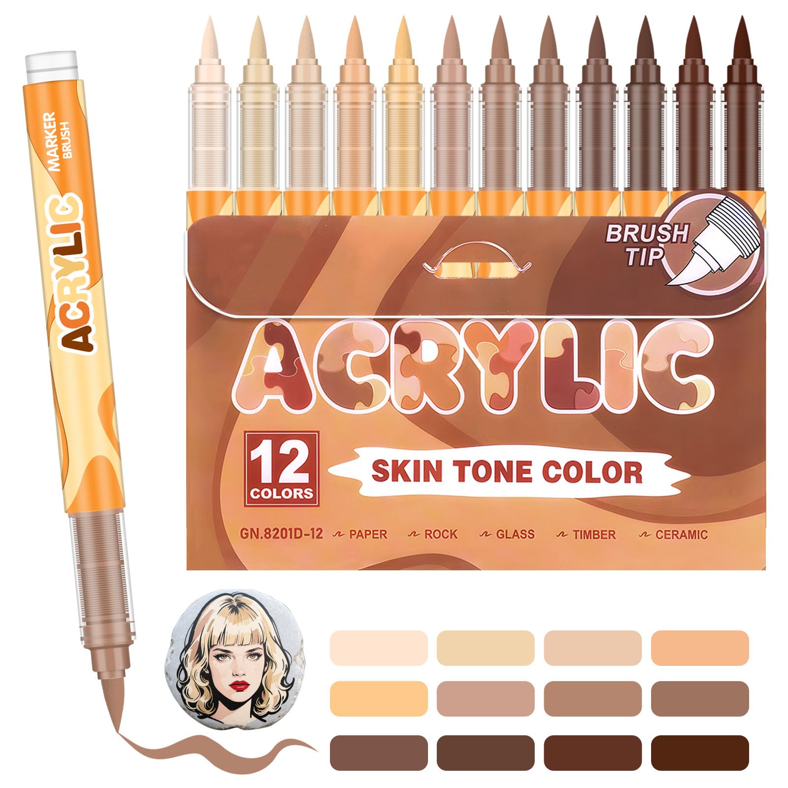 Laconile 12 Hautfarben Acryl Marker Set - Mit Pinselspitze (0,5-1 mm) für Stein, Keramik, Glas, Leinwand. Ungiftige Direkttinte, schnell trocknend.