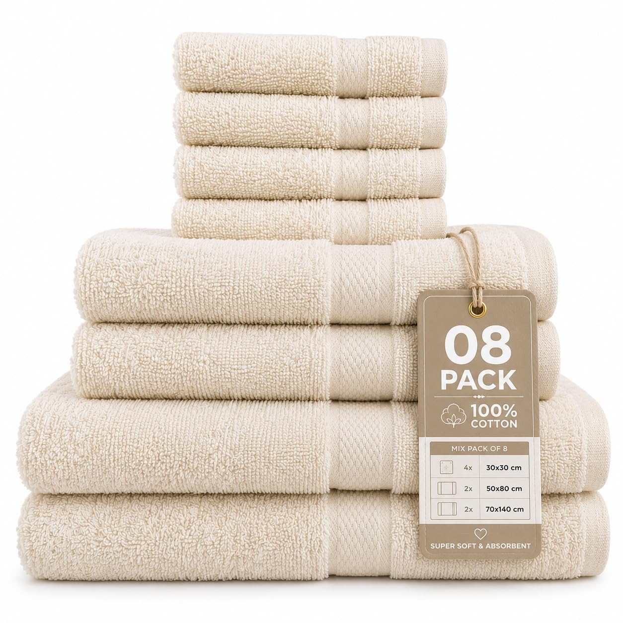 Gift Hub 8 Piece Towel Set - 2 Bath Towels, 2 Hand Towels & 4 Face Cloths | 100% Cotton, Soft & Highly Absorbent Bathroom Accessories | Luxury Towel Bale for Gym, Home, Guest & Family | Cream