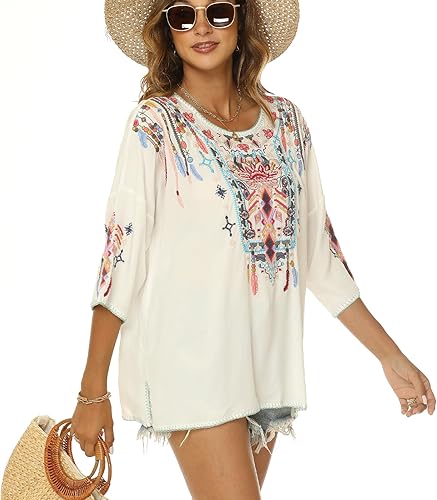 Vista 3 de Higustar Blusas bordadas mexicanas para mujer, estilo bohemio, estilo bohemio, tallas grandes, ropa campesina, blusas