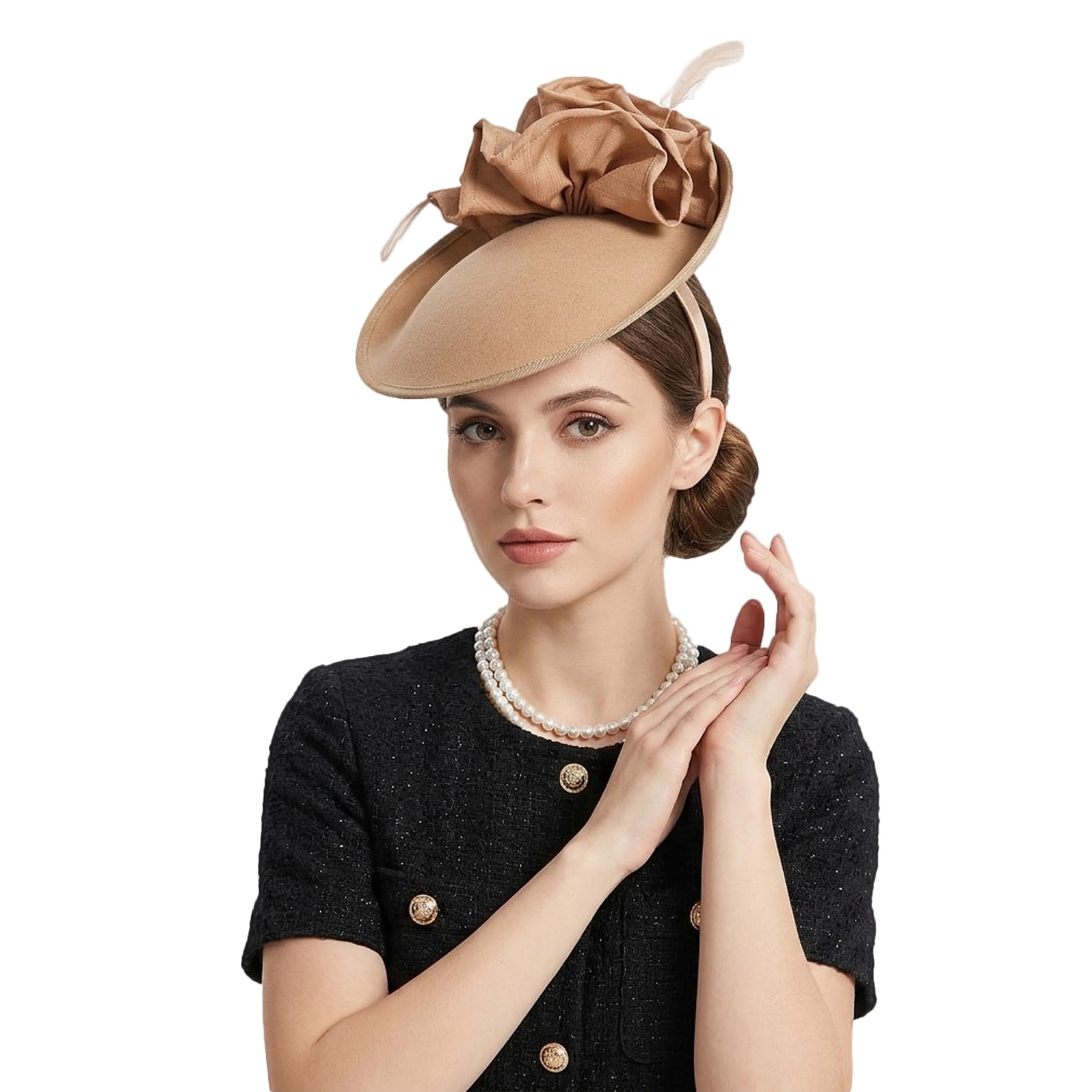 F Fadves Women's Khaki Wedding Wool Pillbox Fascinators Felt Fedora Hats Flower Derby Church Tilt Hat, S/M