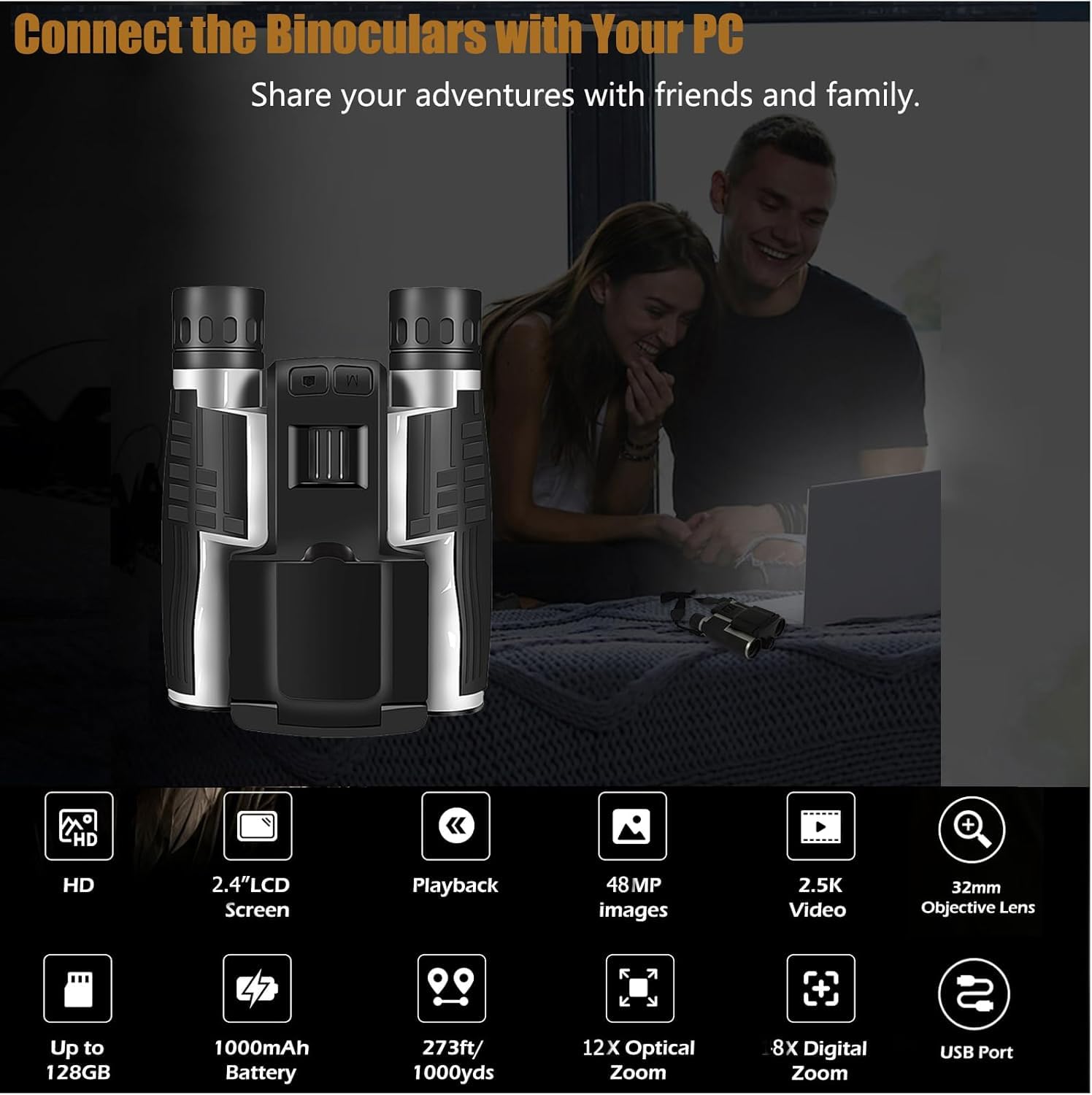 Prismáticos digitales LCD de 2.4 pulgadas con cámara, grabación de video de 48 MP y 2.5 K, óptica de 12 x 32, zoom digital 8X para observación de aves, caza, conciertos y deportes, incluye tarjeta de