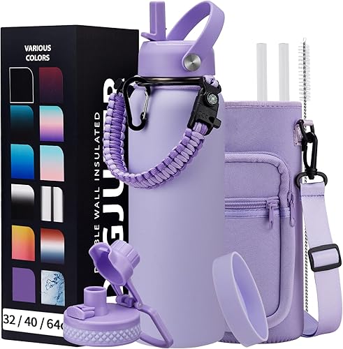 Miniatura 23 de Botella de agua de acero inoxidable aislada al vacío de 40 onzas, mantiene frío 48 h y caliente 24 h, tapa de pajilla y boquilla, funda de Verde