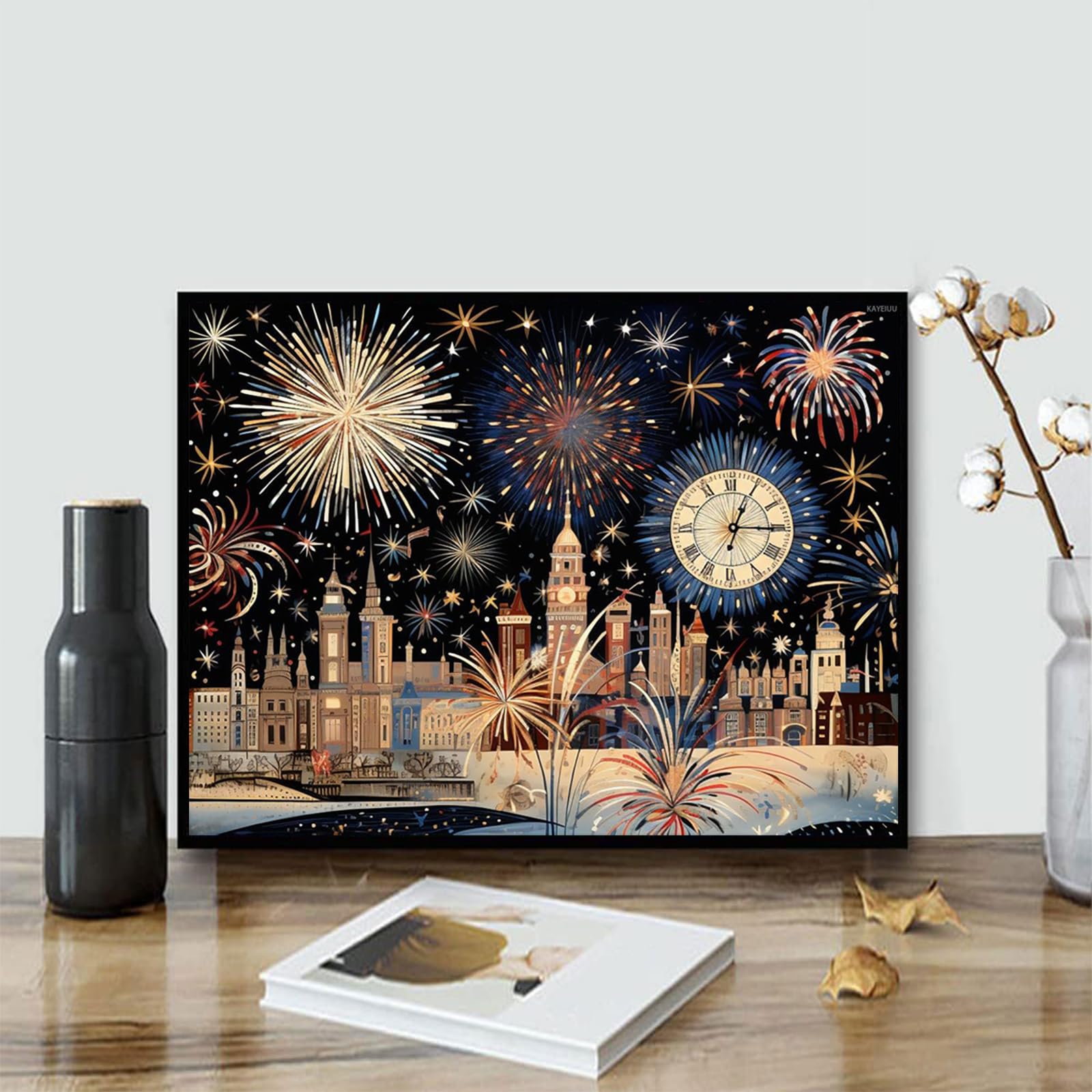 KAYEIUU Pintura de diamantes 5D con diseño de fuegos artificiales de Feliz Año Nuevo para adultos, kit de pintura de diamante redondo por números para principiantes, gemas, punto de cruz para