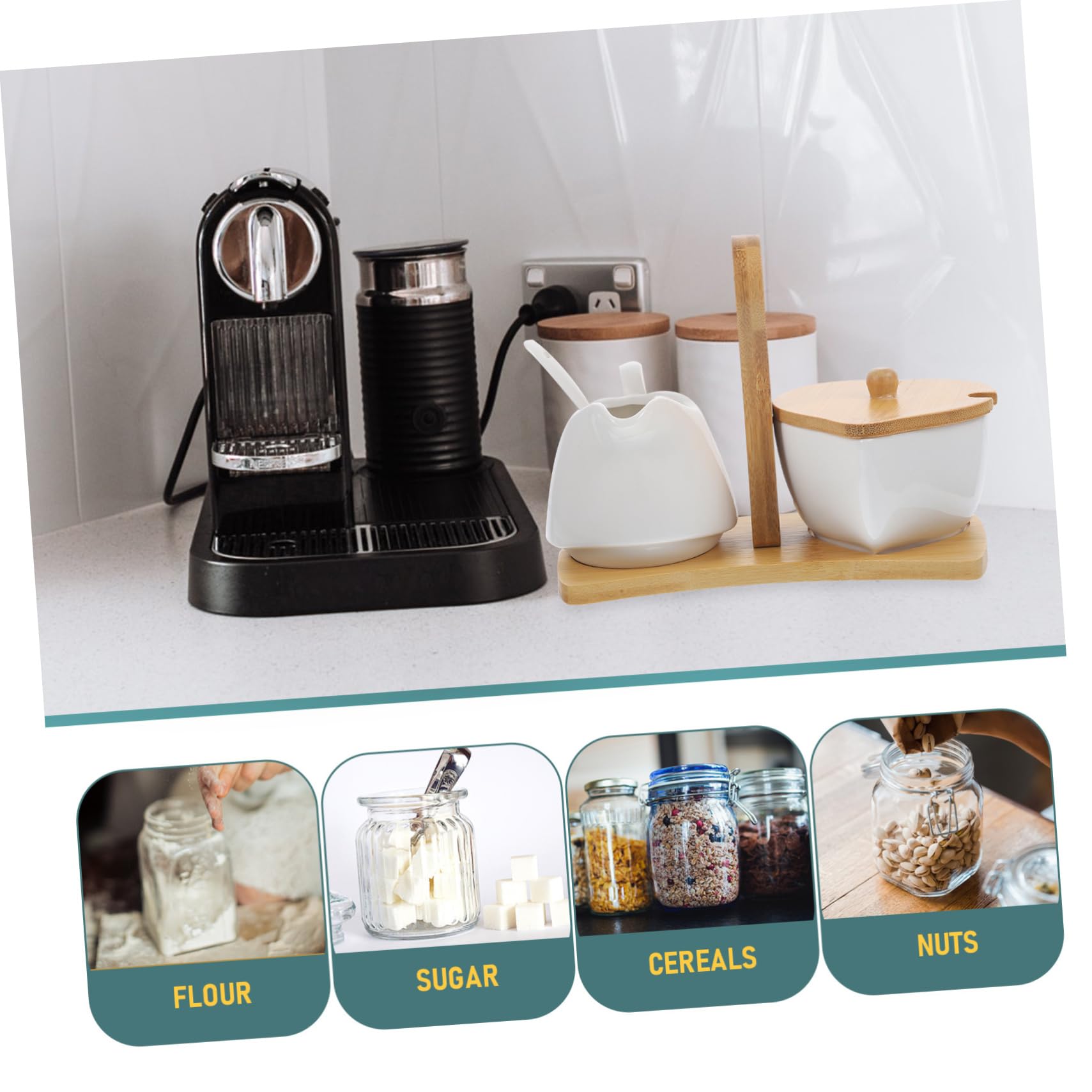 MAGICLULU Azucarero y Lechera Cerámica con Bandeja De Bambú y Cuchara Set para Crema y Azúcar para Cocina y Mesa Dulce Hogar y Hotel