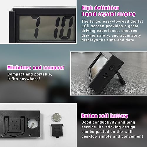 Miniatura 4 de Augeny Mini reloj digital para automóvil, pequeño reloj electrónico adhesivo con función de soporte de pantalla LCD transparente, reloj digital