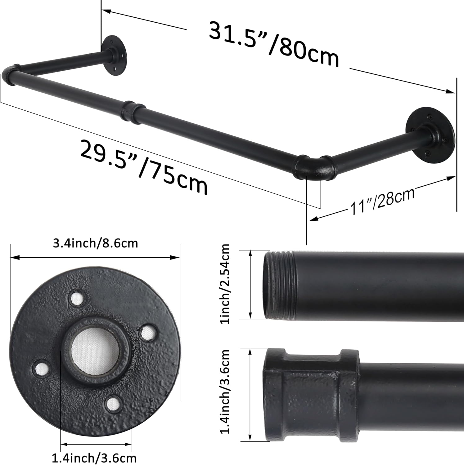 WEBI Clothing Rack Wall Mount,32" Industrial Pipe Clothes Rack for Hanging Clothes,Heavy Duty Iron Garment Rack Bar,Retail Display Clothes Rod for Closet,Laundry Room,Black,2 Packs