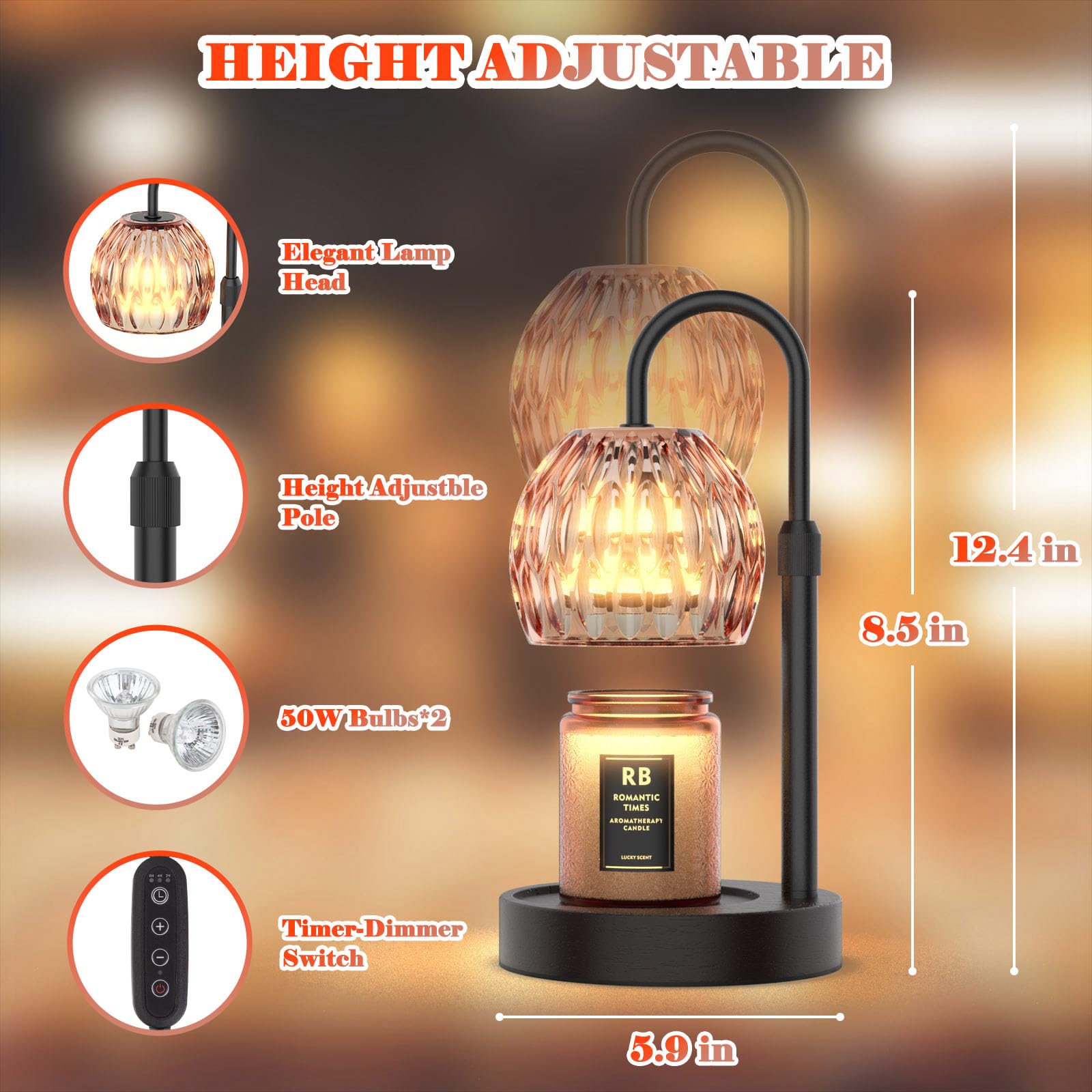 RAINBEAN Candle Warmer Lamp with Dimmer/Timer/Adjustable Height,Electric Candle Lamp Warmer for Jar Candles,Home Decor Valentines Day Gifts for Daughter/Mom/Women(Black) - Image 3