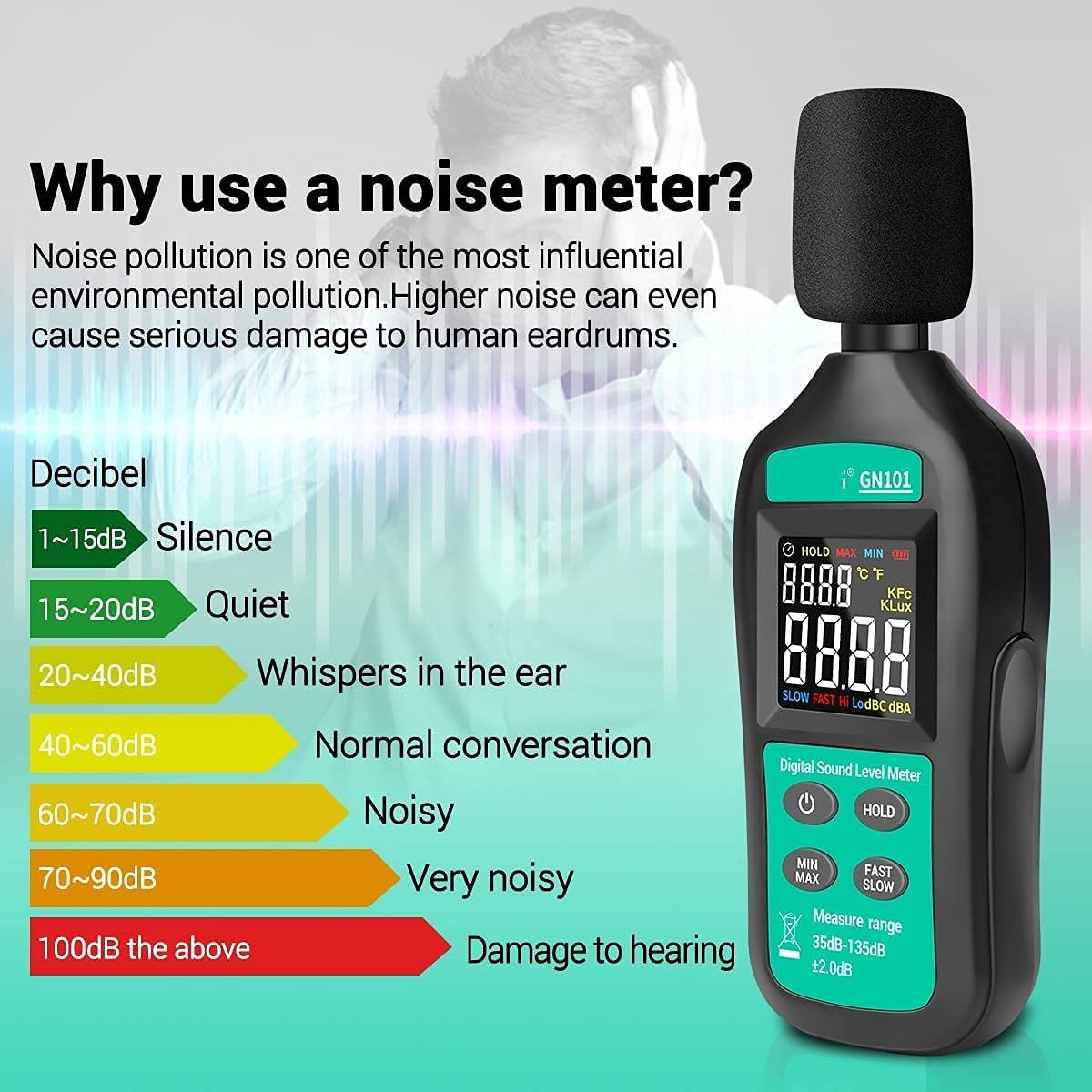 Miernik decybeli Miernik decybeli Cyfrowy miernik poziomu dźwięku 30–130 dB Urządzenie do pomiaru szumów audio Zastosuj kolorowy wyświetlacz odwróconego ekranu VA szeroko stosowany w rodzinach w