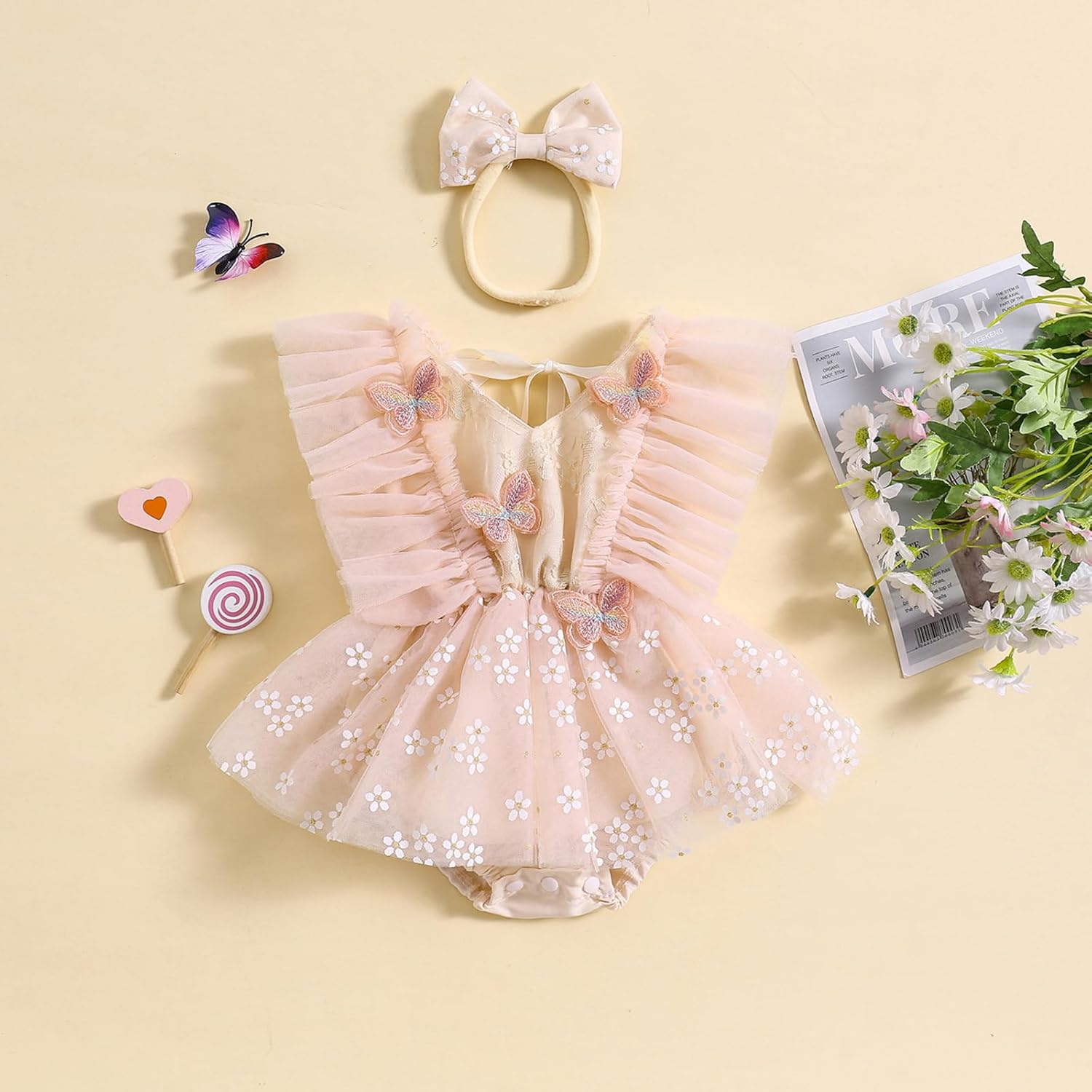 FYBITBO Newborn Baby Girl Romper Dress Floral Fly Sleeve Mesh Bodysuit Butterfly Tulle Headband Set Infant Clothes - Image 2