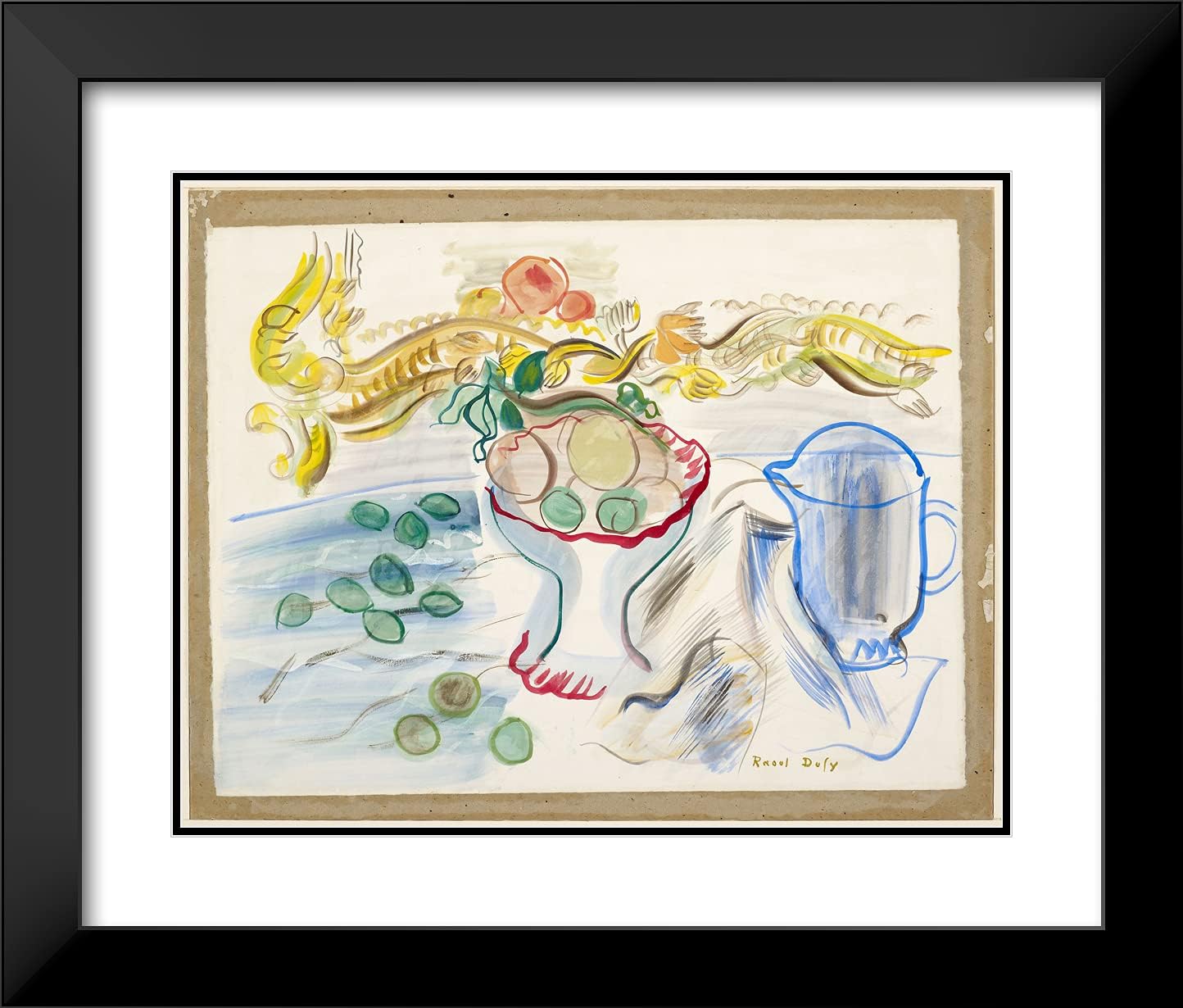 ArtDirect Raoul Dufy 23x20 Black Modern Framed and Double Matted Art Print Titled Still-Life with Mirror, Fruit Dish and Almonds