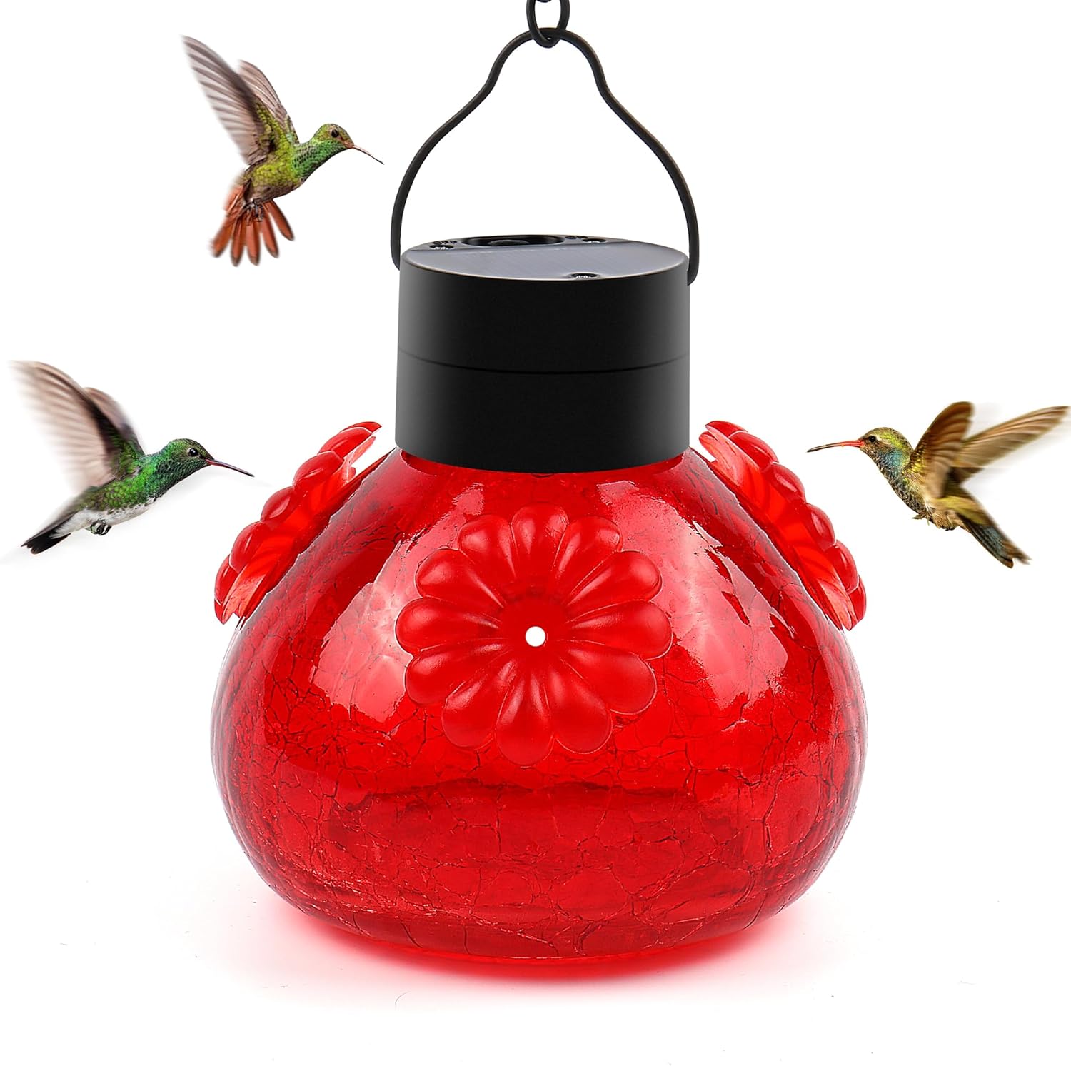 VOREEN 17oz Solar Hummingbird Feeder with LED Light, Deep Ruby Red Crackle Glass Nectar Bottle, Waterproof, Easy-Clean Wide Mouth & Rust-Proof Silicone Ports for Outdoor Garden, Yard, Patio