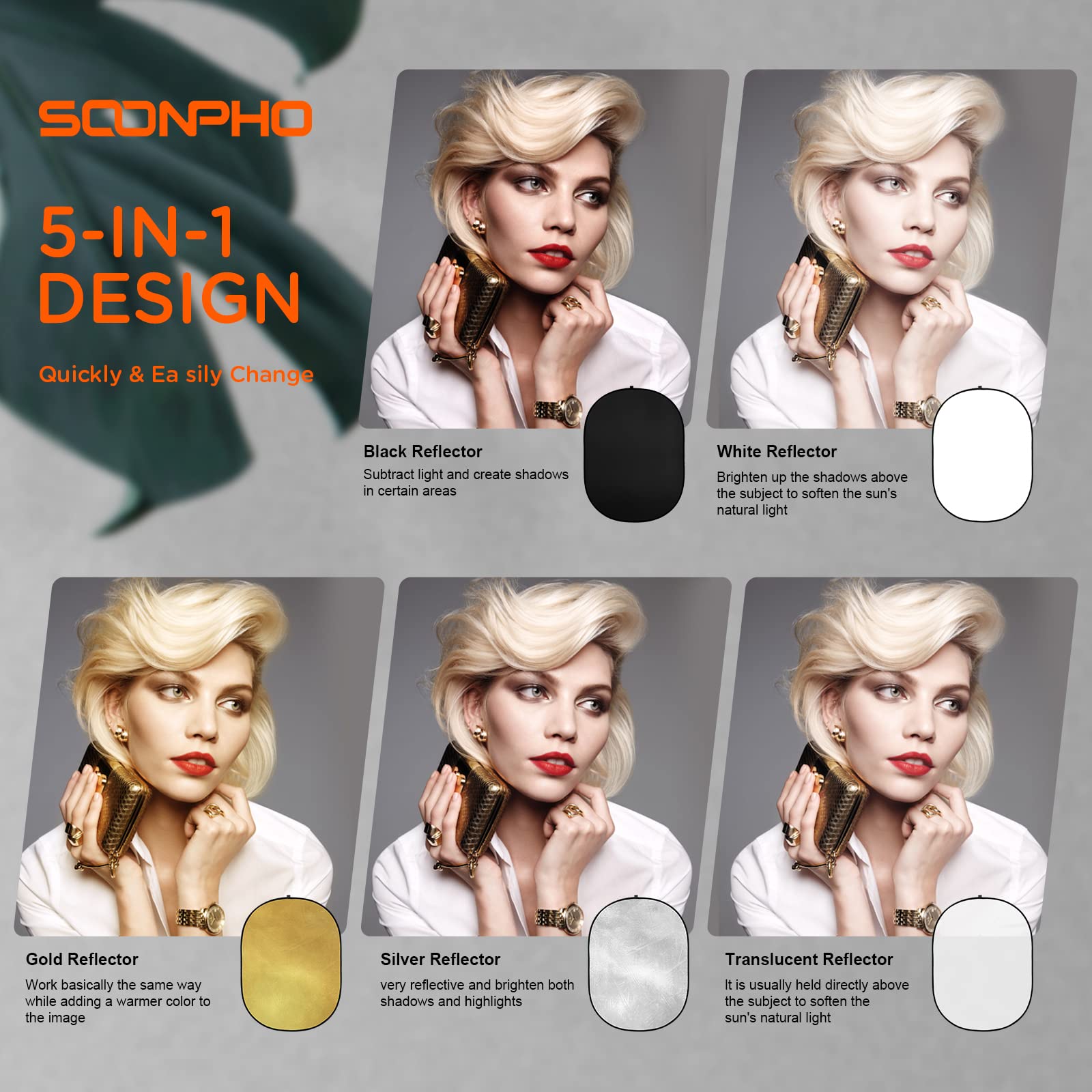 Soonpho Riflettore pieghevole 5 in 1 per fotografia, diffusore ovale, 60 x 79 pollici, 150 x 200 cm, oro, argento, nero, trasparente, bianco con clip e custodia per illuminazione esterna