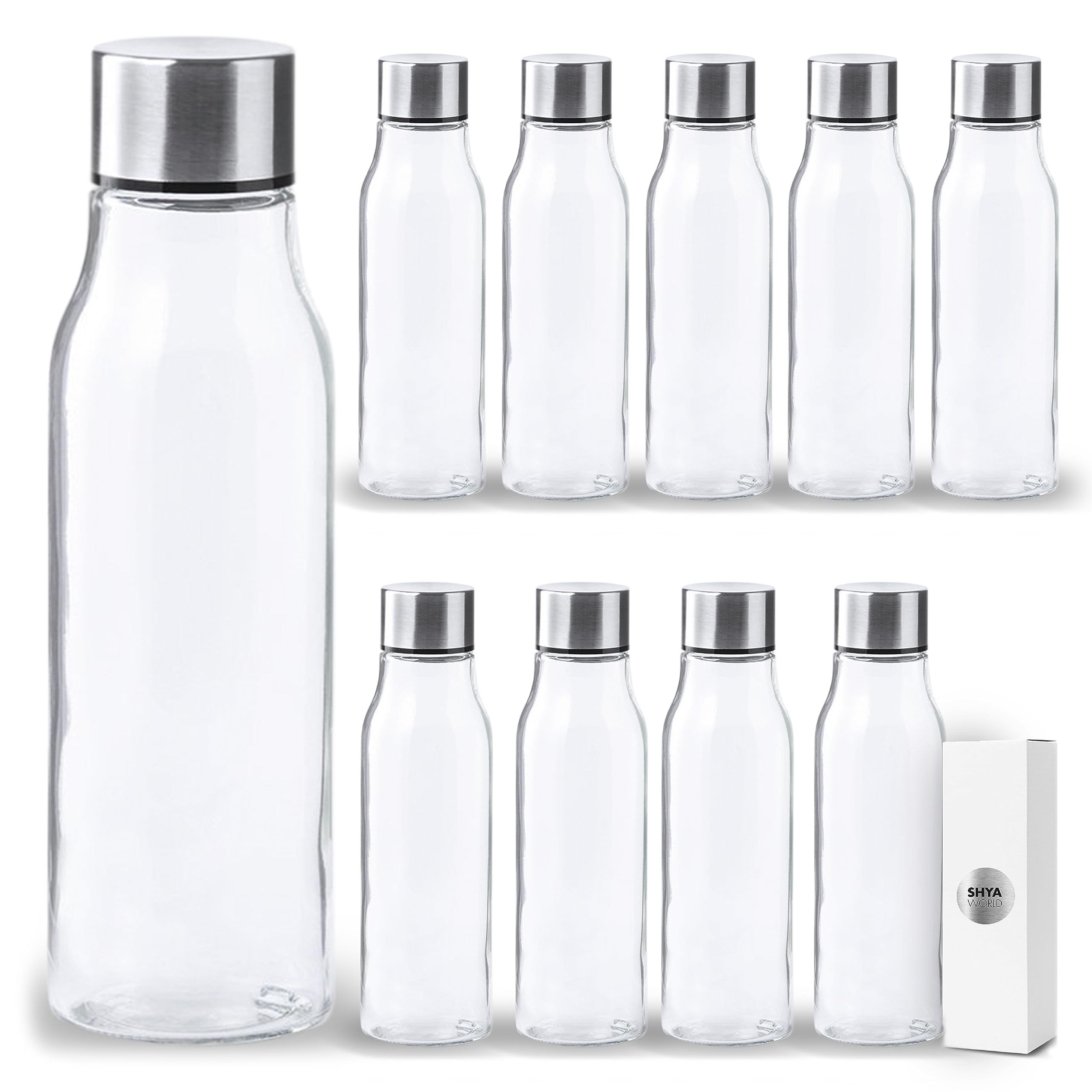 Botella De Cristal para Agua Cuerpo de Acabado Transparente borosilicato Tapón a Rosca en Acero Inoxidable. Cajas Individuales por Botella. (10)