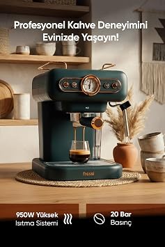 EM-01 Ristretto Espresso Makinesi, 20 Bar Basınçlı, Süt Köpürtücülü, 1,2 Lt, Yeşil