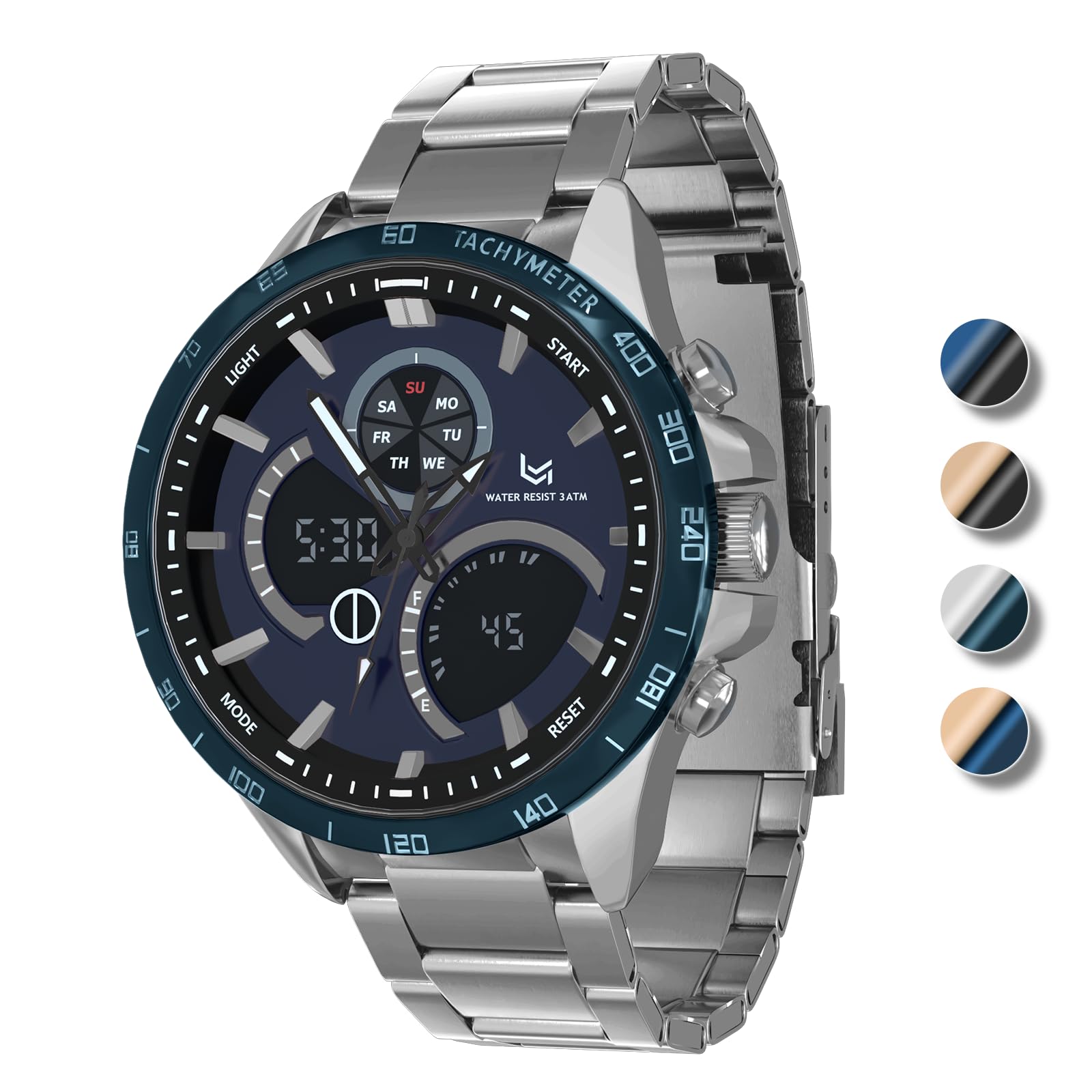 Mens Watches Military Watch for Men Japanese Movement Multifunctional LED Alarm Stopwatch Stainless Steel Waterproof Sport Watch 2 Time Zones Analog Digital Watch