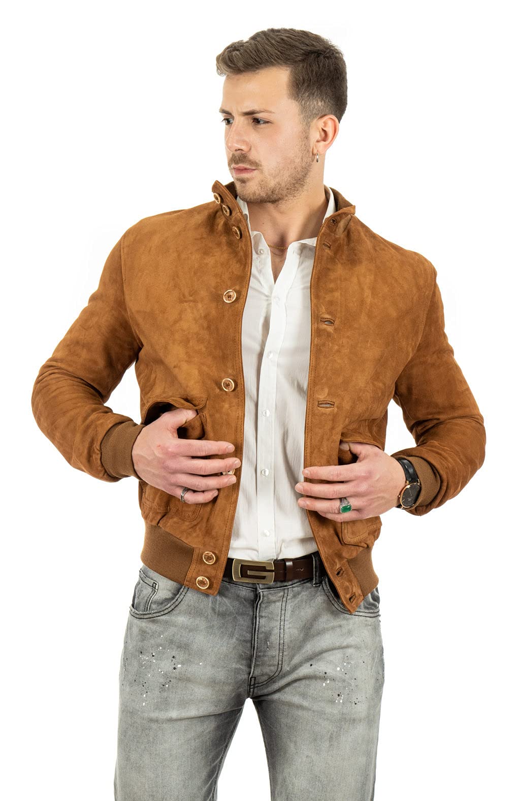 Pelletterie Borghese | Bomber in Pelle Uomo Renna Camoscio Scamosciato | Vera Pelle | Giacca in Pelle | Primavera | Giubbotto | Giubbino | Made in Italy | POLO
