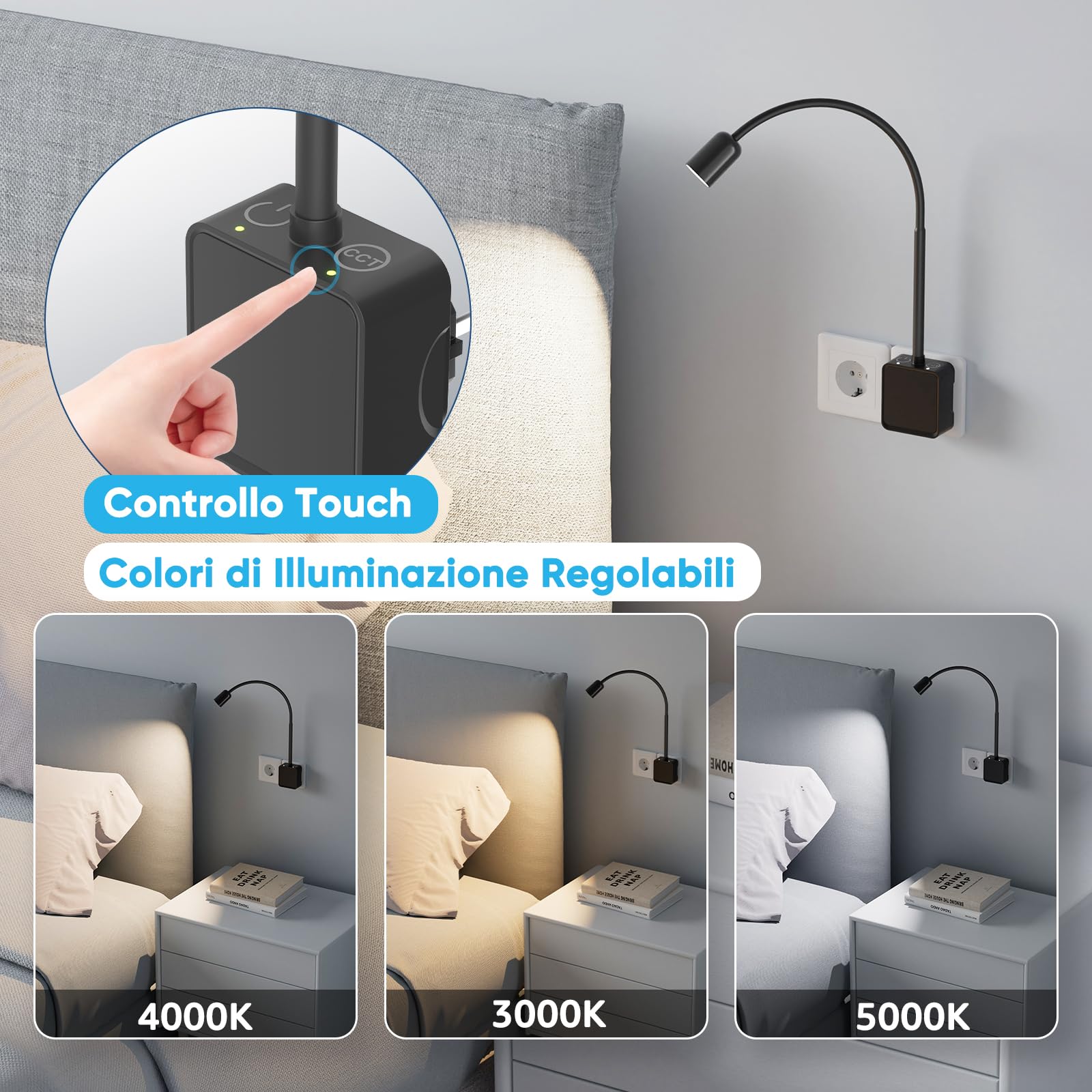 Lampada Applique da Parete da Lettura Faretto LED Dimmerabile Nera con Spina per Leggere a Letto, Due Interruttore Tocchi, 3 Colore Illuminazione, Angolo di Luce 50°, Confezione da 2