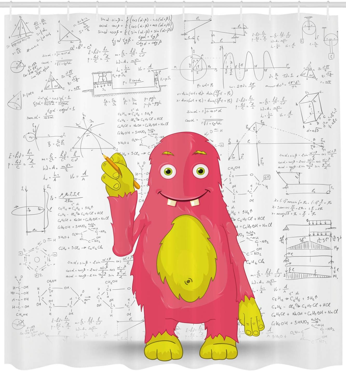 Ambesonne Science Shower Curtain, Funny Smart Monster Doing Math on Wall Science Nerds Comic Illustration, Cloth Fabric Bathroom Decor Set with Hooks, 69" W x 75" L, Yellow White and Pink