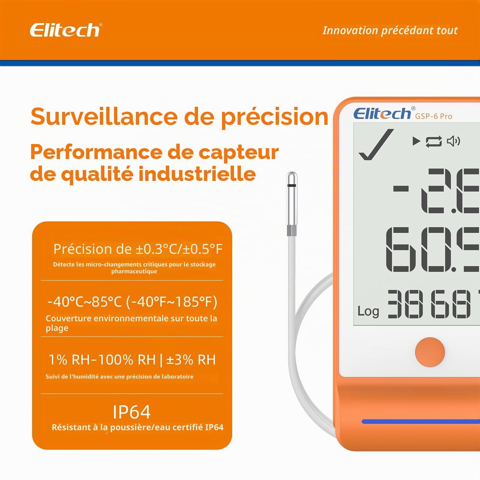 Elitech Enregistreur de Données de Température et d'humidité Bluetooth, Thermo-Hygromètre 2 Sonde pour Réfrigérateur Frigo, 100 000 Points APP Connecté, GSP-6 Pro