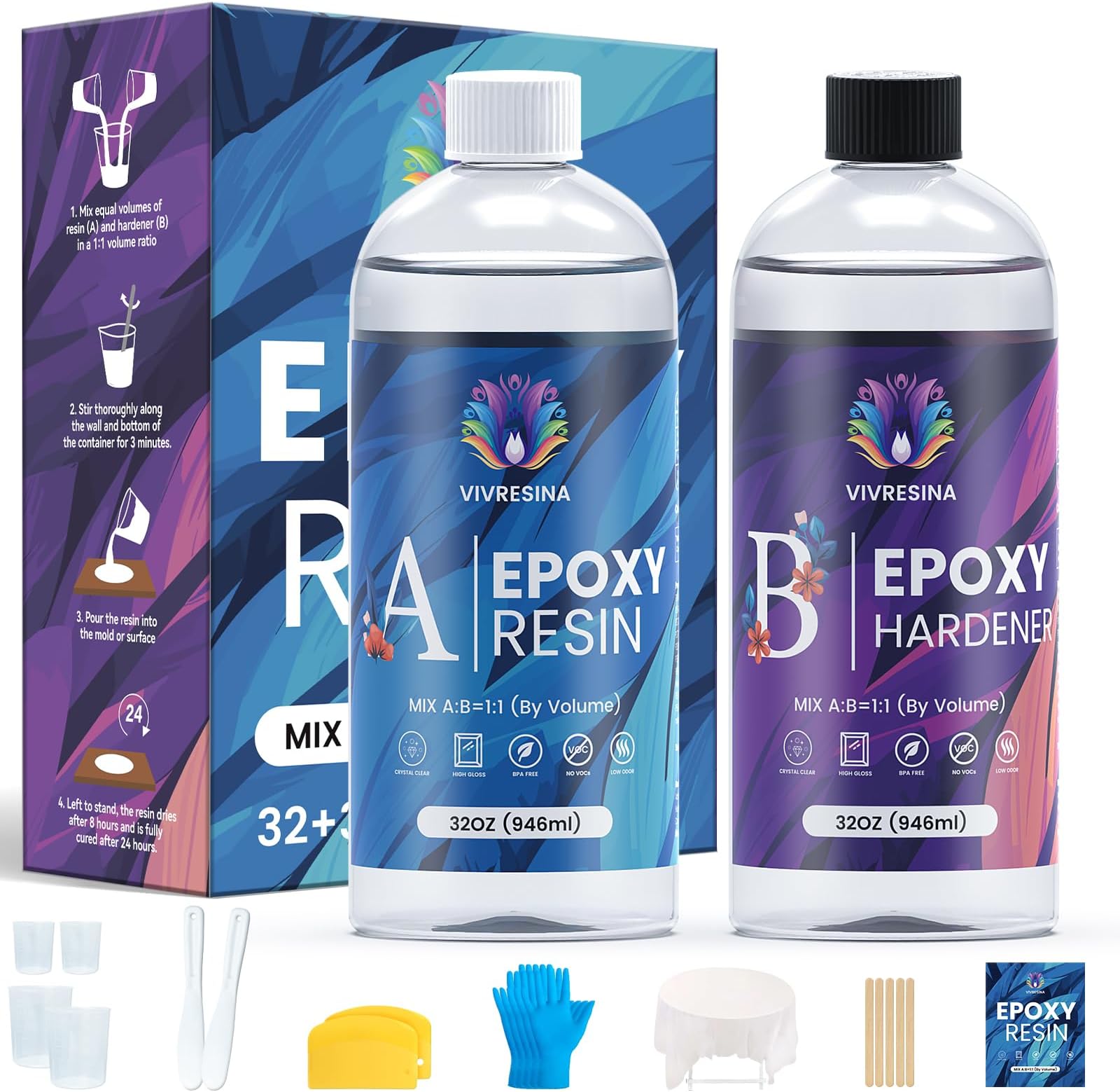 Vivresina Epoxy Resin Kit 64 OZ Crystal Clear Resina Epoxica, Rapid Cure Self Leveling Bubble Free No Yellowing Suitable for Casting, DIY, Woods, Jewelry Making, Keychains, Easy to Mix 1:1