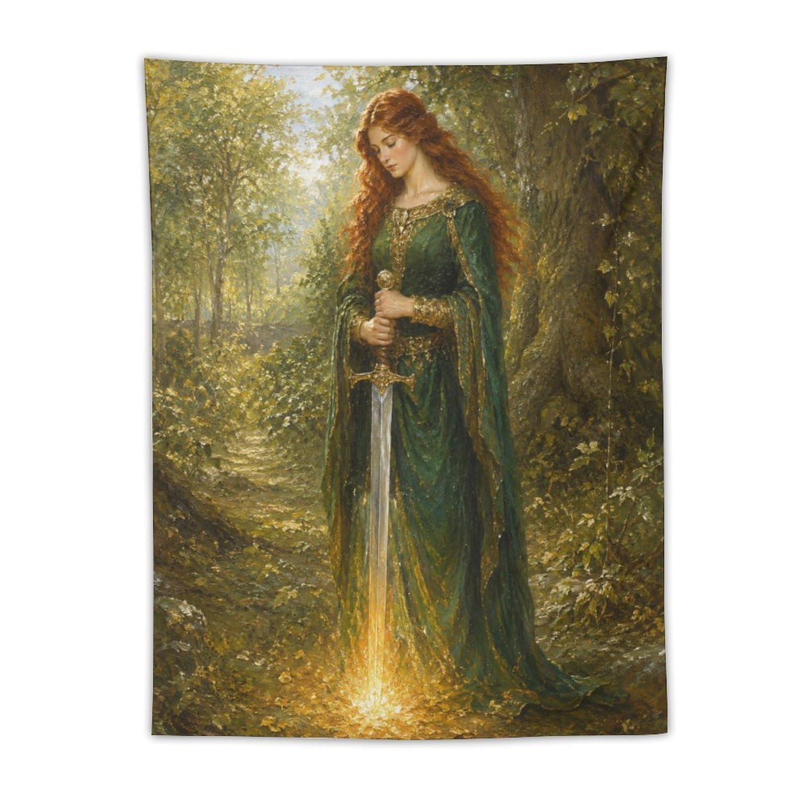 W7C8U2X3 Woman with Glowing Sword Wall Tapestry, Surrealist, Office