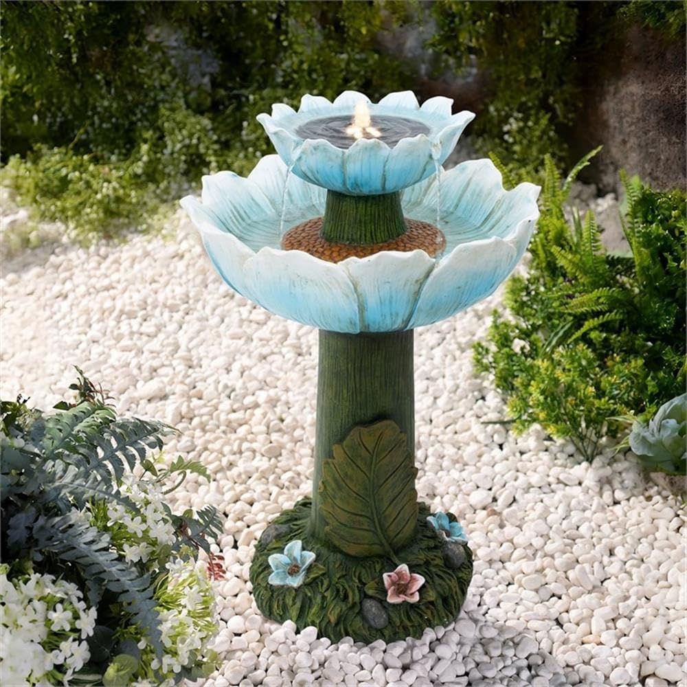 LuxenHome Solar Power Bird Bath Fountain, Lotus Flower Outdoor Water Fountains with LED Lights, Birdbath Waterfall Fountain Outdoor and Indoor Garden Sculpture Decor for Yard, Blue