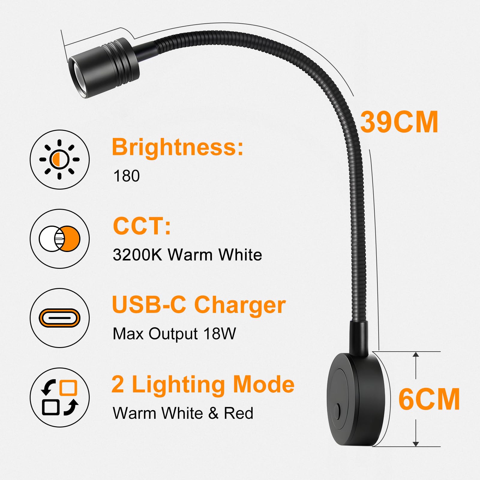 Lampade da Lettura Camper LED 12V, 3200K (Dimmabile) e Luce Notturna Rossa Soffusa, Dotato di Caricabatterie USB-C, per Barca Furgone Rimorchio Cabina, Flessibile Collo di Cigno (2 pezzi)