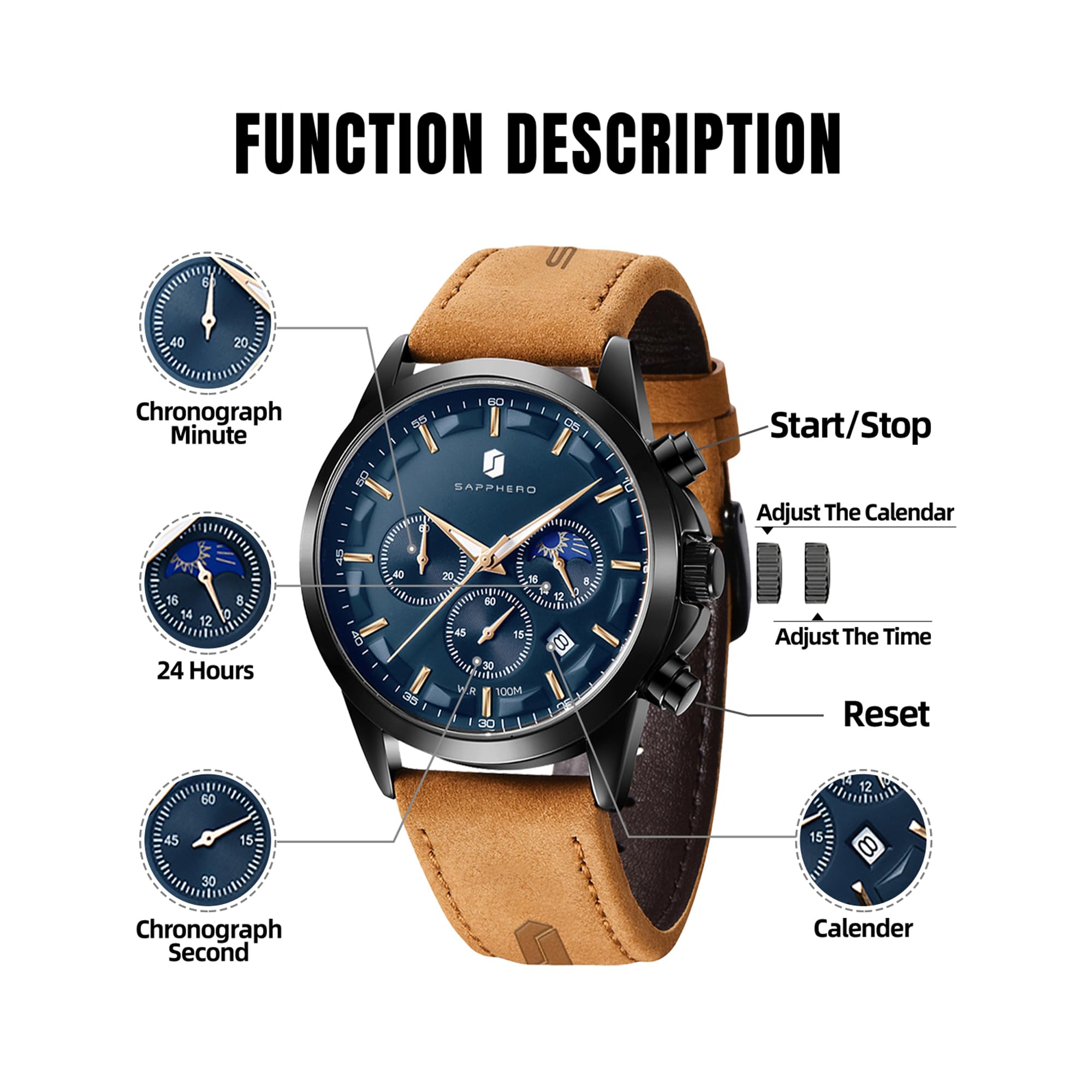 SAPPHERO Men's Watches Stainless Steel Chronograph Waterproof Quartz-Business Casual Dress Watch for Men Luminous Date Gold/Silver/Black Design-Easy-to-Read Luxury Dial-Leather Unique Elegant Gift