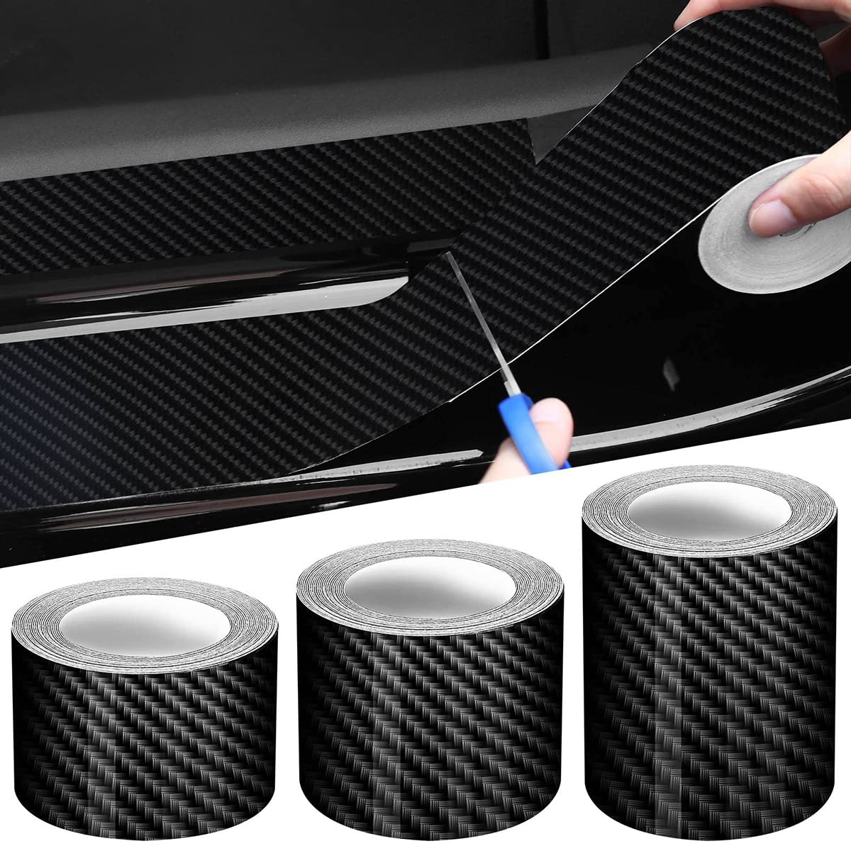 Car Edge Door Guards Door Sill Protector 3 Rolls, 5D Carbon Fiber Black Vinyl Wrap Automotive Vehicles Door Sill Protector Anti Collision Film Fits for Car, 2In x 17Ft, 1.2In x 17Ft, 2.7In x 33Ft