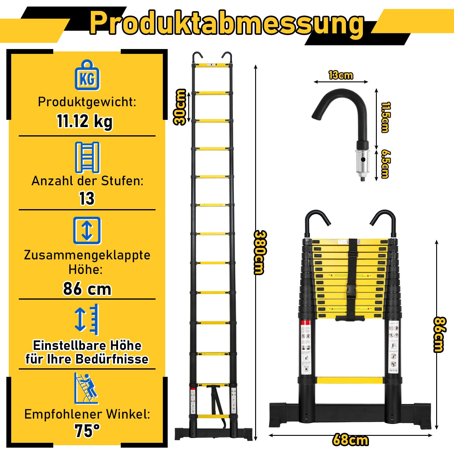Drabina teleskopowa, wysuwana drabina 3,8 m, wysuwana, drabina teleskopowa, duże zastosowanie, poddasze, składana drabina rusztowań, z 2 haczykami, żółta