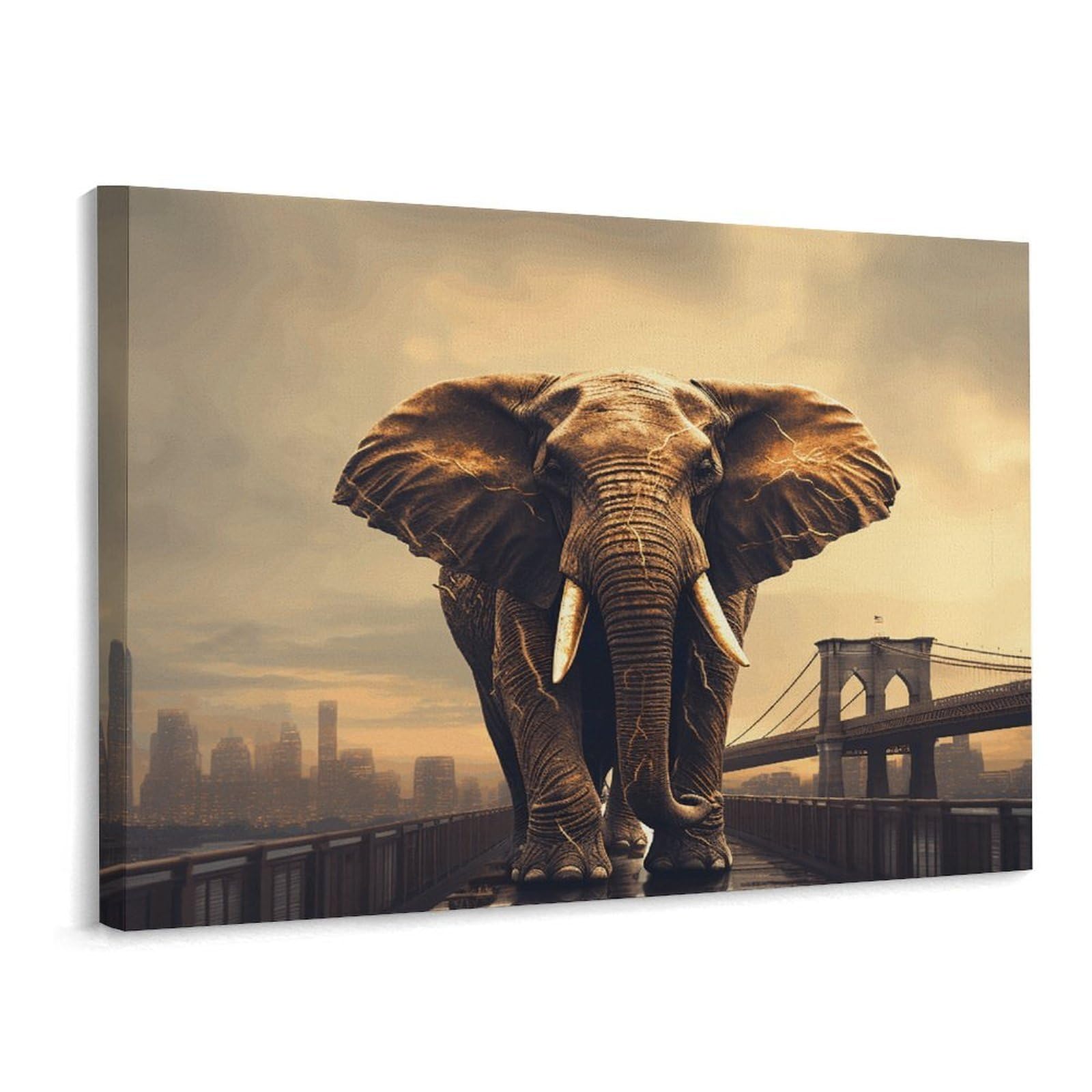 Fodpand Frame-Style Elephant On A Bridge Bathroom Wall Art Canvas Prints, Artwork For Walls For Living Room Hallway Stair Office Wall Decor, Pictures Home Decor 15.7X11.8 Inch