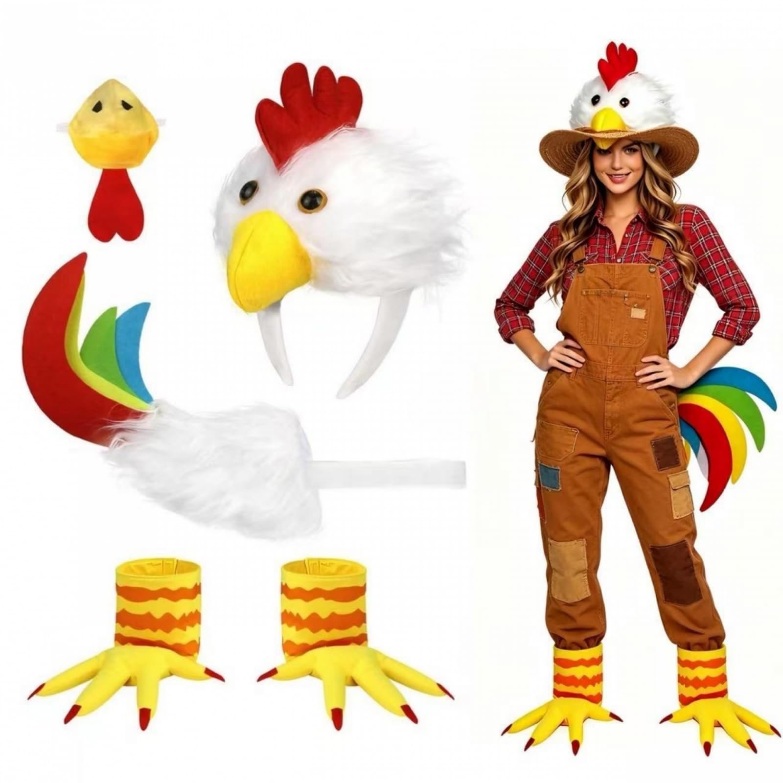 Gliswaieuznd 5Pcs Rooster Chicken Costume Adult Fancy Dress Accessories (White, One Size)
