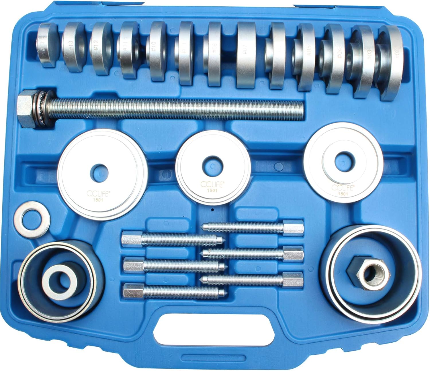 Chi tiết view of all components included in the CCLIFE Wheel Bearing Tool Kit