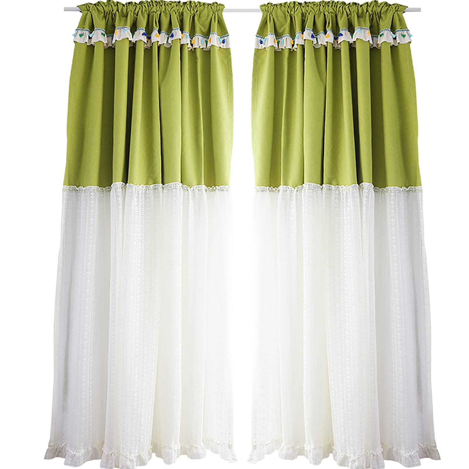 2 Pcs Cotton And Lace Stitching Curtains,Fresh Style Short Curtains,Green Partition Curtains For Bookshelves,Cabinets,Showcases,Small Windows,Balconies,Cafes,Bookstores