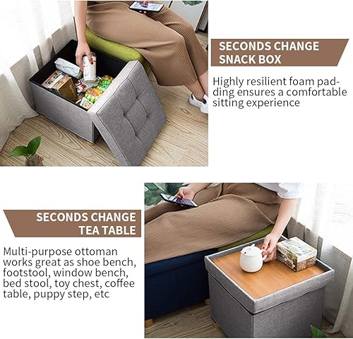 Miniatura 4 de BRIAN & DANY Reposapiés otomano plegable de almacenamiento y cubo de asiento con patas y tapa de madera, gris claro de 15 x 15 x 14.7 pulgadas