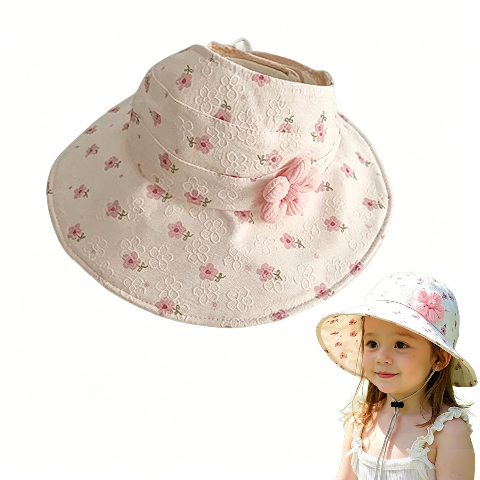 fianoeir Hat for Kids Girls, Summer Cap for Baby Girl with Floral Pattern, Wide Brim Sun Protection for Outdoor Activities, Adjustable Head Size 46-50 cm for Ages 2-6 Years Beige-picture-14