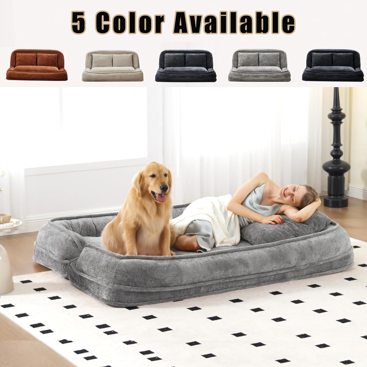 71'' Human Dog Bed, Upholstered Lounge Loveseat Chair, Floor Chair with Back Support, 5 Adjustable Position Folding Sofa for Adults & Pets, Lazy Sofa Bed for Living Room Game Room, Light Gray