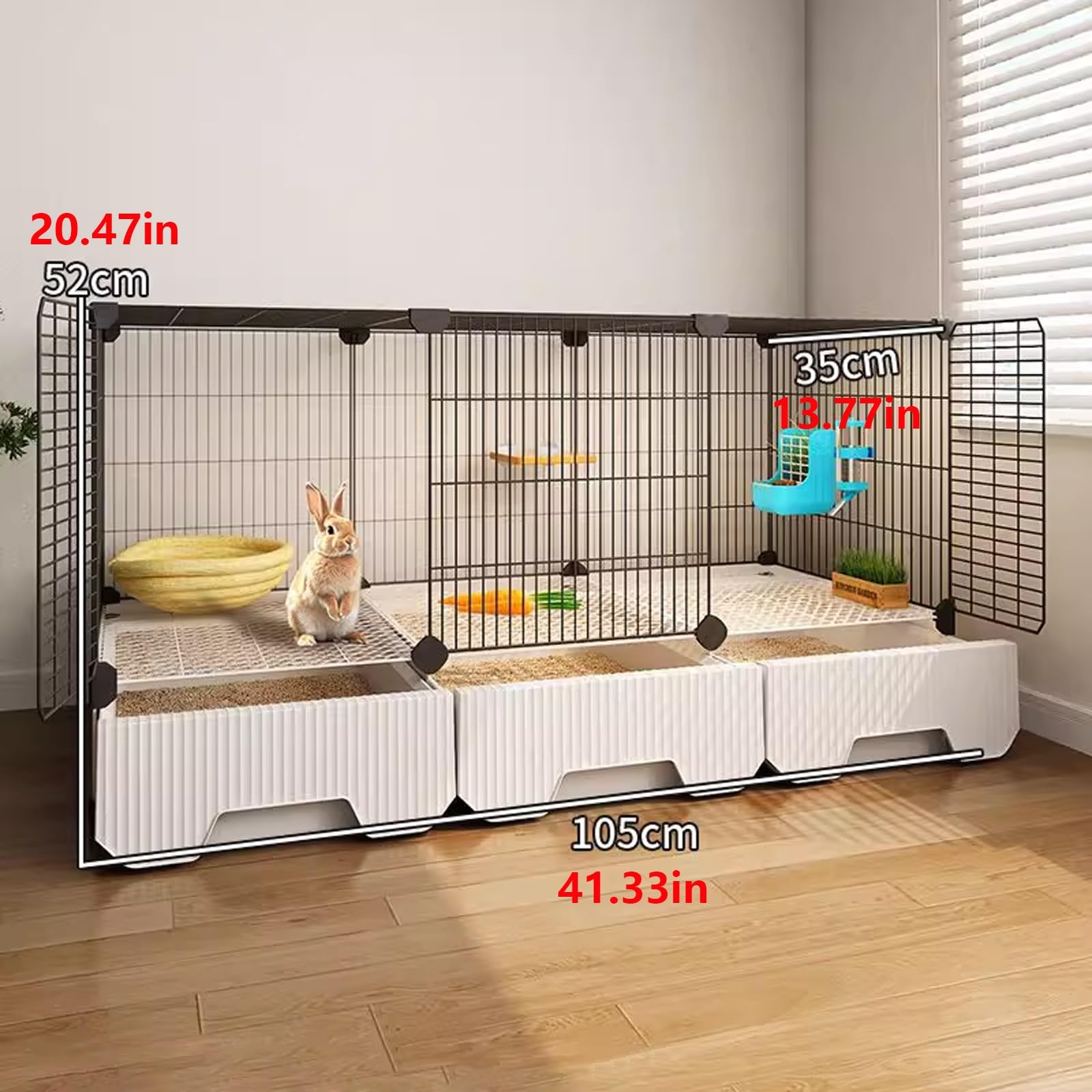 Gabbia per conigli con cassetto WC, ventilata e a prova di fuga, accessori completi inclusi, rete di ferro, 105 cm x 35 cm x 52 cm