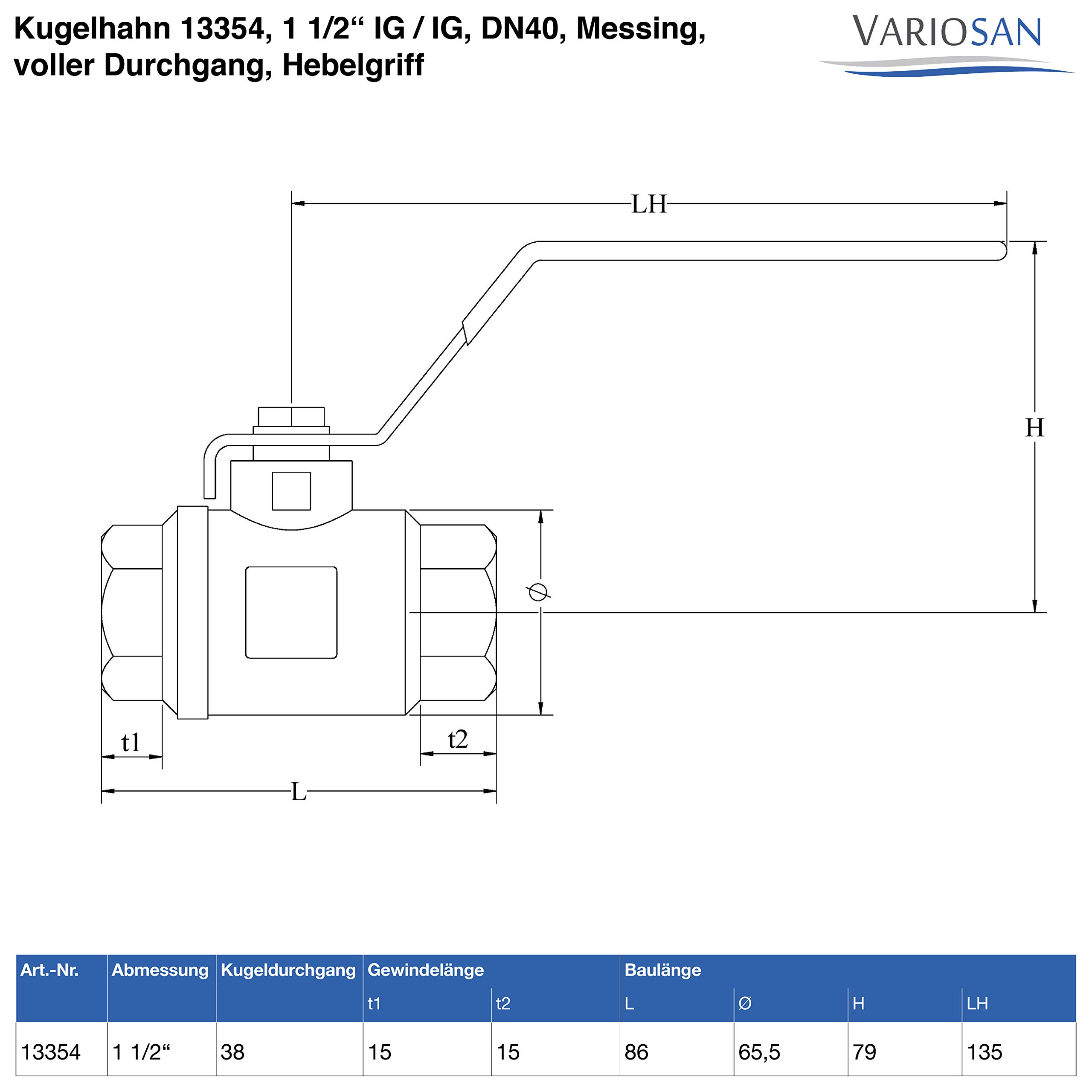 VARIOSAN Valvola a sfera 13354, 1 1/2" IG/IG, DN40, ottone, foro pieno, impugnatura a leva