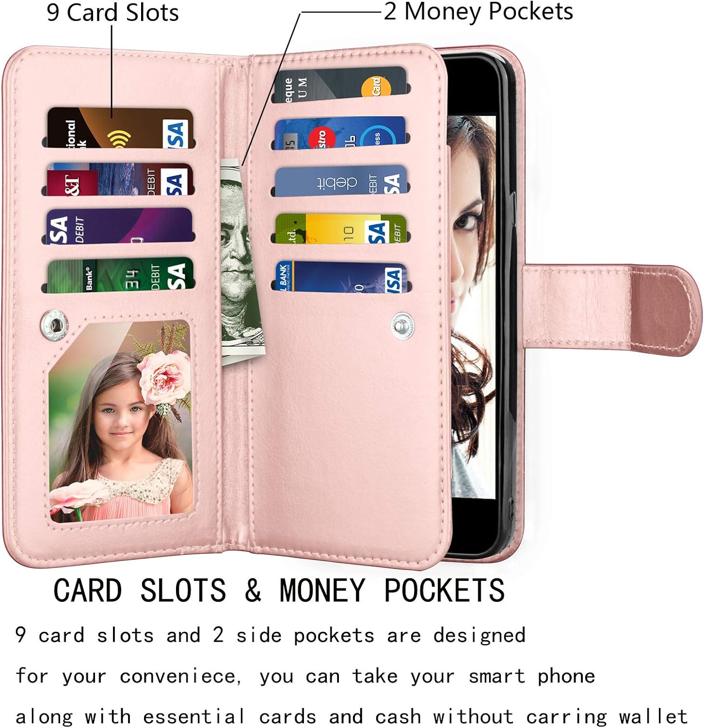 Njjex Wallet Case For iPhone SE 2020/SE2, for iPhone 8/iPhone 7 Case, [9 Card Slots] PU Leather Credit Holder Folio Flip [Detachable] Kickstand Lanyard Magnetic Phone Cover For iPhone SE 2nd -RoseGold