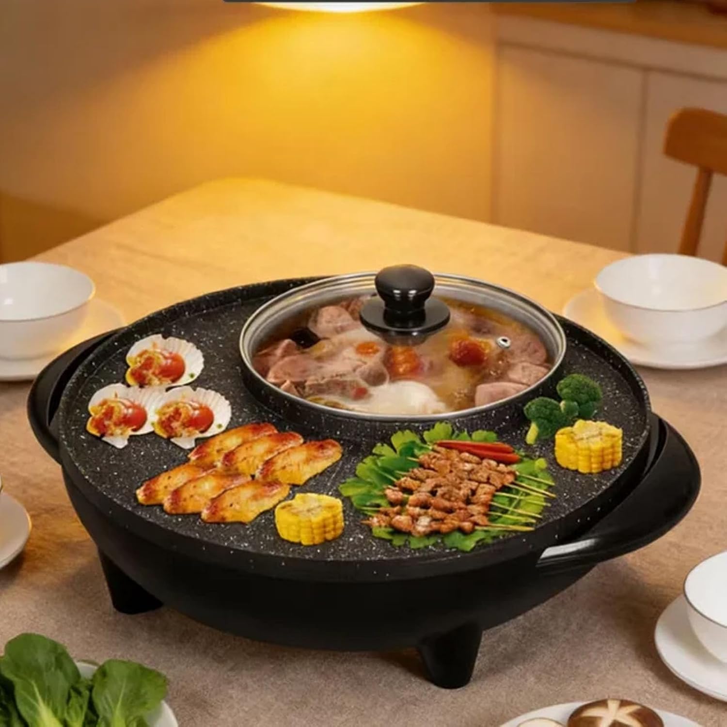 AYNEFY Hot Pot with Grill, 2 in 1 Electric Pot Griddle with Cover Fast Even Heating 5 Adjustable Temperature Settings Large Capacity Baking Tray for Shabu Shabu and Noodles (US Plug 110V)