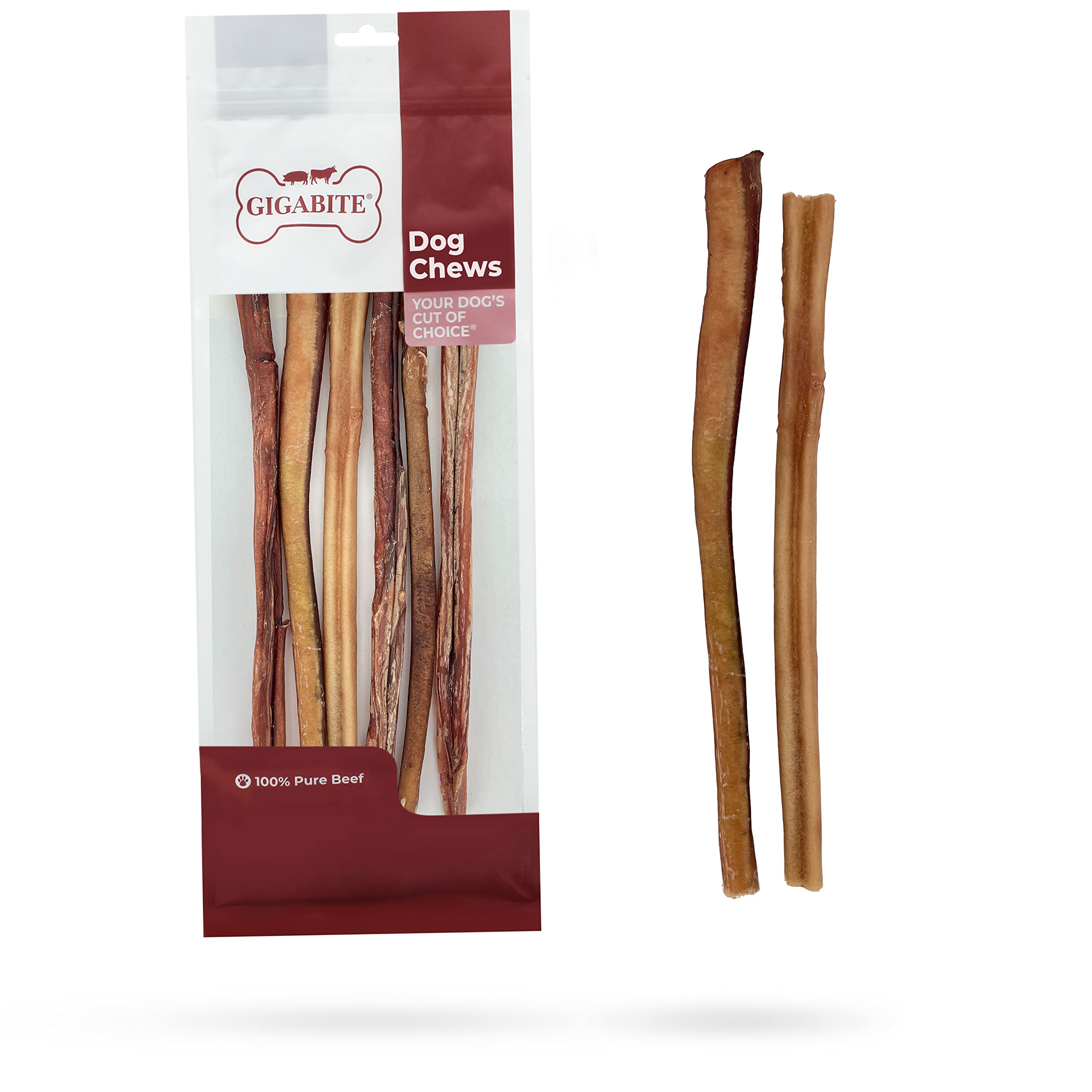 GigaBite Bully Sticks for Dogs All Natural Beef Pizzle Dog Chews, Odor &amp; Rawhide Free Dog Treats, Long Lasting High Protein Chews Digestible Dental Dog Treat - Sticks (Regular 12"), Pack of 6