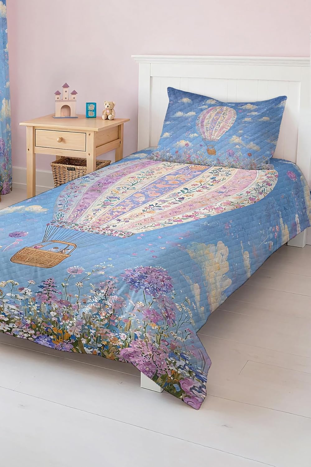 SODEF Single Size Quilt Set Floral Balloon Pattern Blue Cotton Polyester Blend Lightweight Breathable for Kids and Teens - Blue, One Size