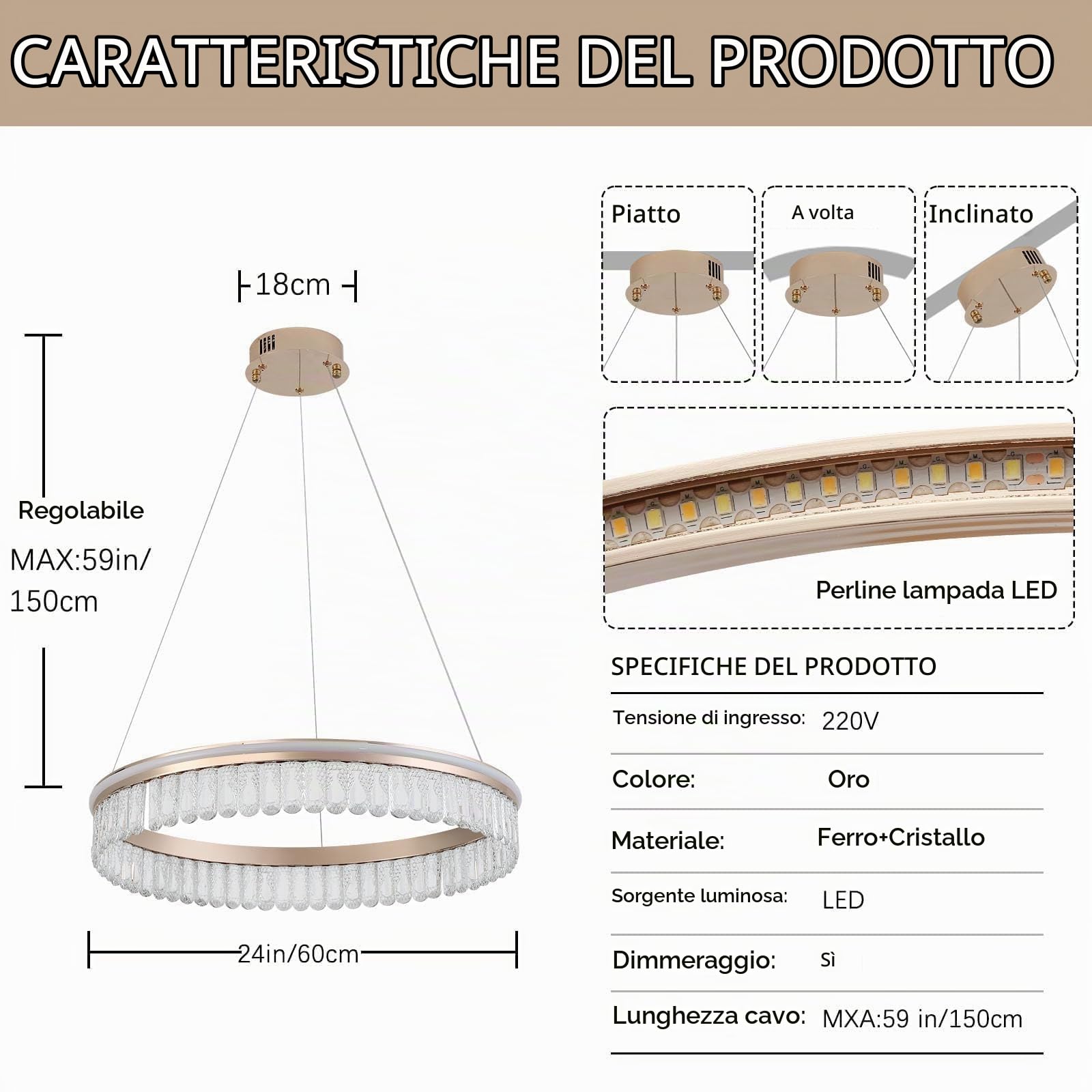 Lampadario Di Cristallo D'Oro,60Cm Rotonda Lampadario Led,Moderno Lampadari Cucina 3000K-6000K Dimmable Luce,Lampadari Sospensione Per Camera Da Letto Cucina Hall,30W