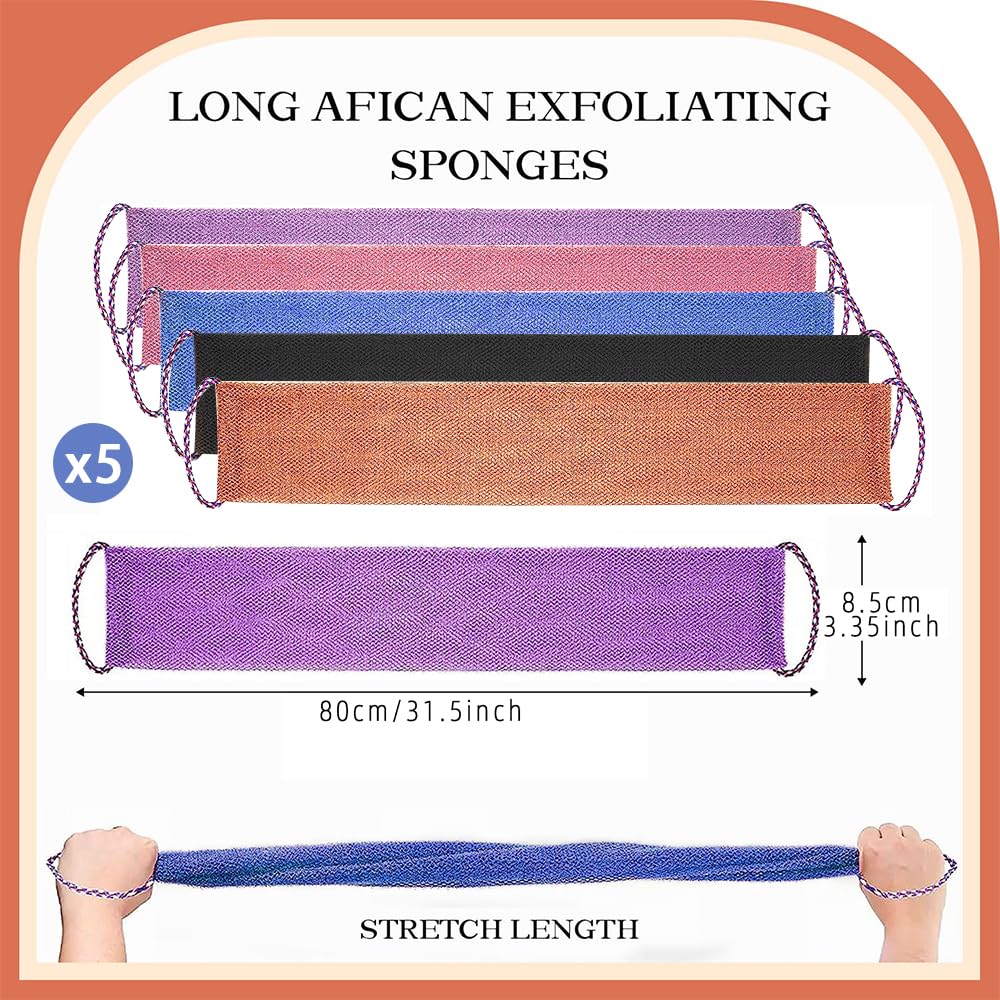 Pinkiou 5Pcs African Net Sponge for Shower Exfoliating Back Scrubber with Handle 31.5" Long Double Layer Thickened Nylon Mesh Wash Cloth for Body Deep Cleansing Men Women Purple Blue Coffee Black Pink - Image 3