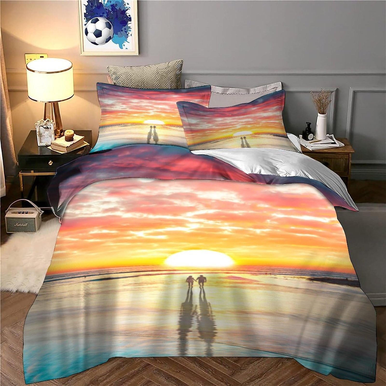 Sonnenuntergang Strand 3D Druck Mikrofaser Bettbezug Atmungsaktive Schlafzimmerdeko Pärchen Bettwäsche Set für Erwachsene Jugendliche King（220x240cm）