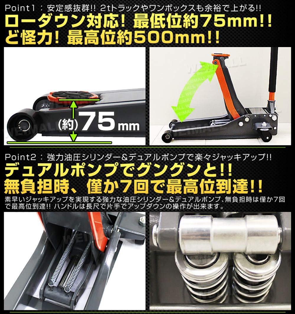 Amazon.co.jp: WEIMALL ジャッキ 3t 低床 デュアルポンプ式 最低位75mm 