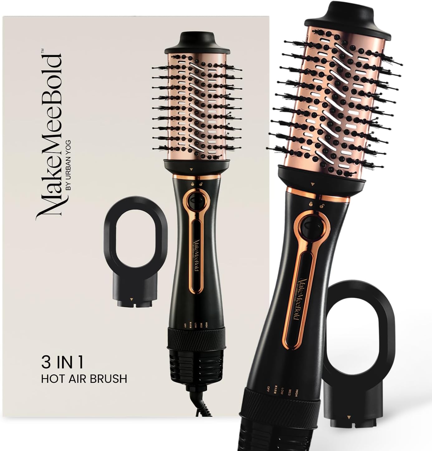 MakeMeeBold 3-in-1 Hot Air Brush | Hair Dryer, Straightener & Volumizer | 1.5-Inch Barrel | 1200W Blow Dryer Brush with Ceramic Coating | For All Hair Types | Gifts for woman (Black - Rose Gold)