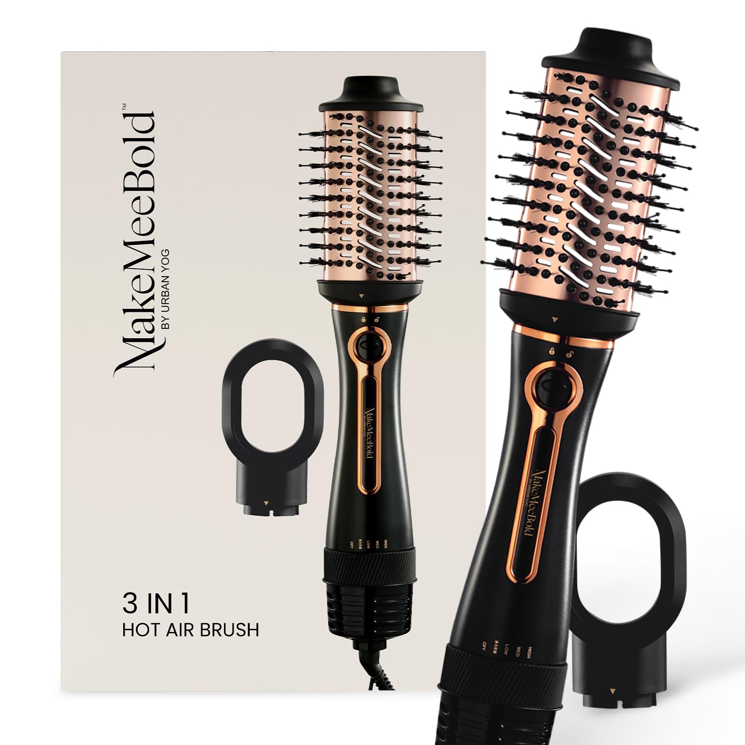 MakeMeeBold 3-in-1 Hot Air Brush | Hair Dryer, Straightener & Volumizer | 1.5-Inch Barrel | 1200W Blow Dryer Brush with Ceramic Coating | For All Hair Types | Gifts for woman (Black - Rose Gold)